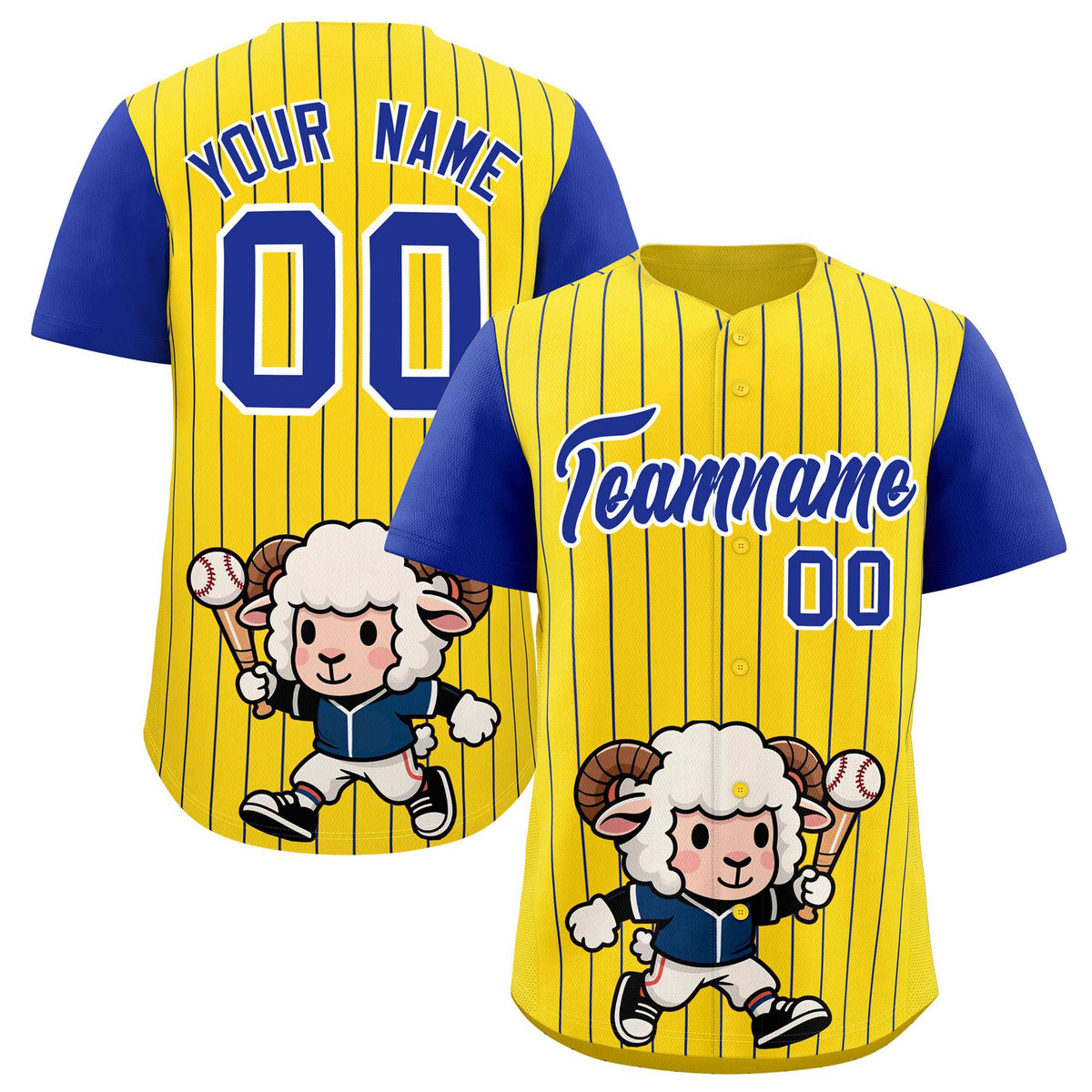 Custom Gold Royal Stripe Animals Graffiti Pattern Raglan Sleeves Authentic Baseball Jersey
