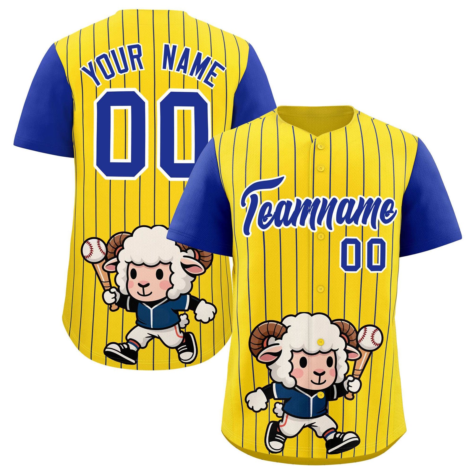 Custom Gold Royal Stripe Animals Graffiti Pattern Raglan Sleeves Authentic Baseball Jersey