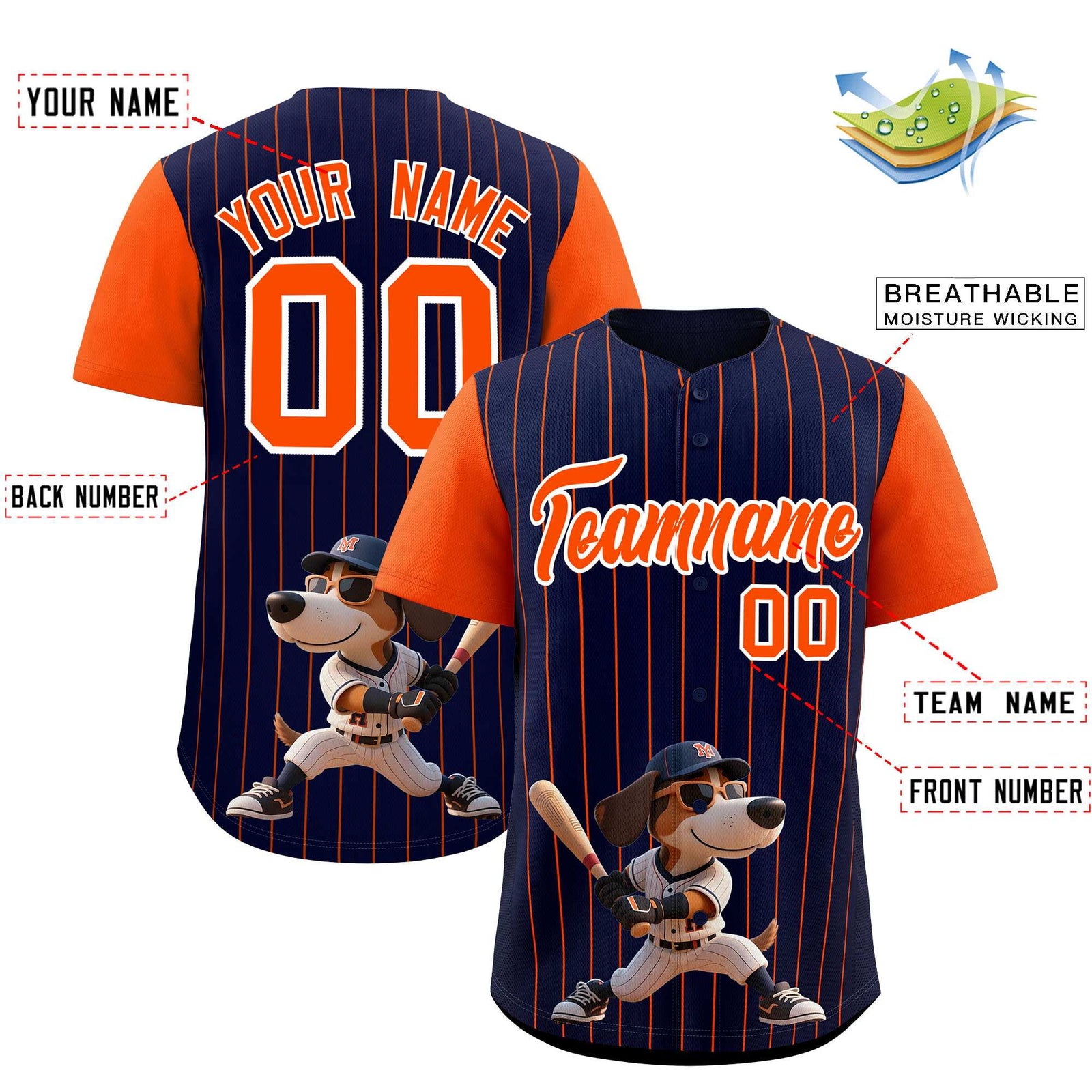 Custom Navy Orange Stripe Animals Graffiti Pattern Raglan Sleeves Authentic Baseball Jersey