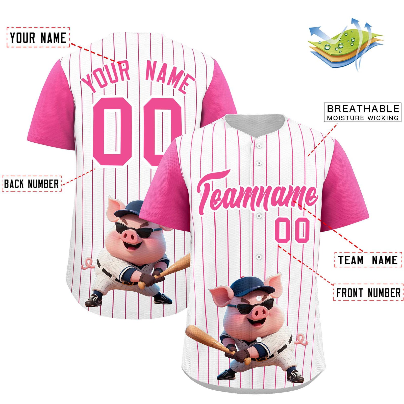 Custom White Pink Stripe Animals Graffiti Pattern Raglan Sleeves Authentic Baseball Jersey