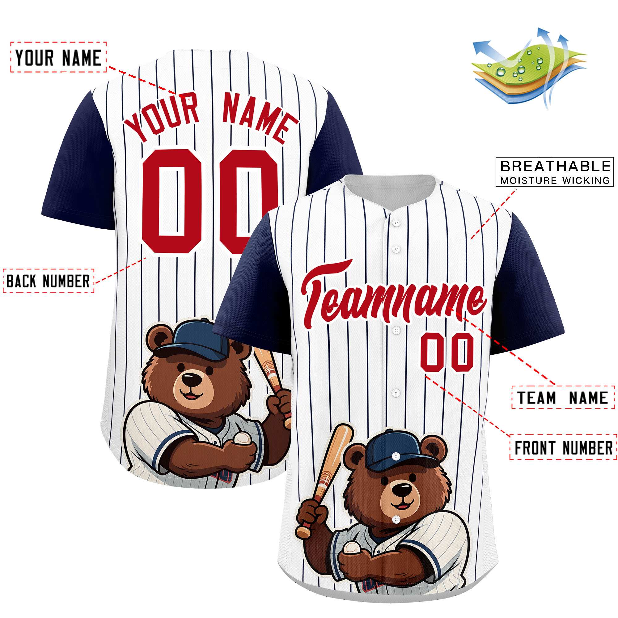 Custom White Navy Stripe Animals Graffiti Pattern Raglan Sleeves Authentic Baseball Jersey