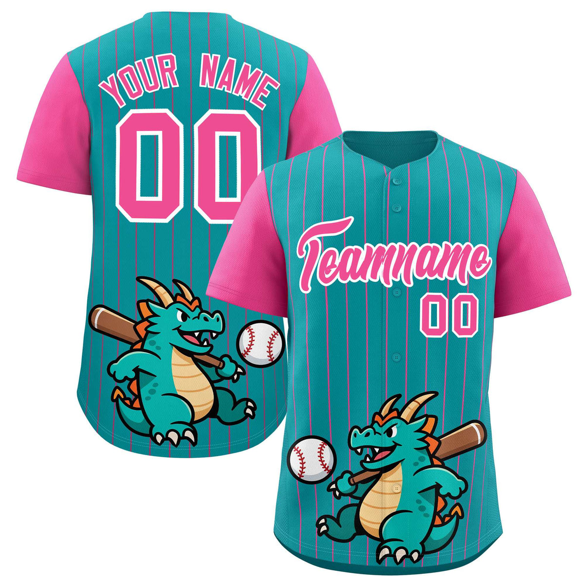 Custom Aqua Pink Stripe Animals Graffiti Pattern Raglan Sleeves Authentic Baseball Jersey