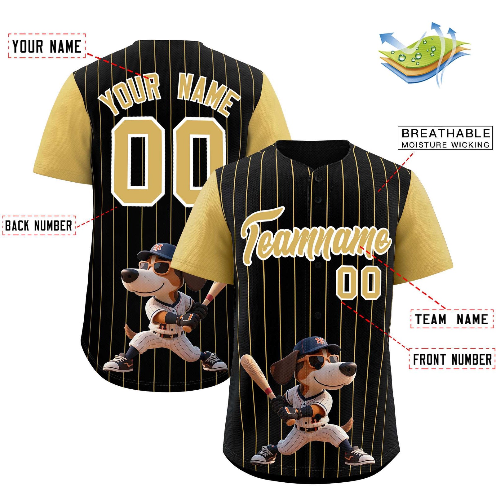 Custom Black Old Gold Stripe Animals Graffiti Pattern Raglan Sleeves Authentic Baseball Jersey