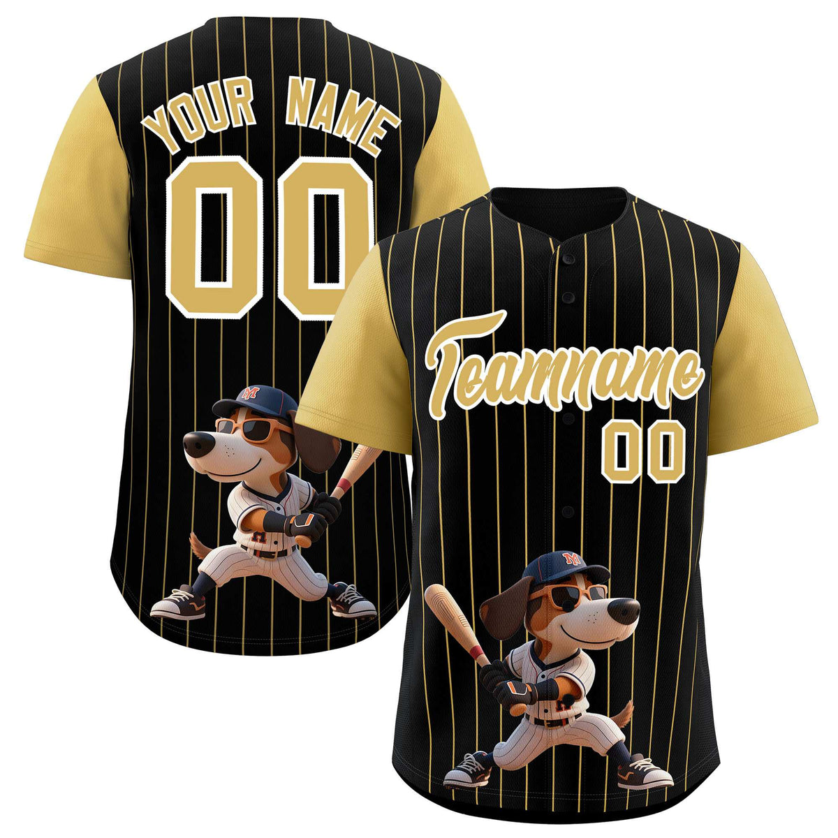 Custom Black Old Gold Stripe Animals Graffiti Pattern Raglan Sleeves Authentic Baseball Jersey