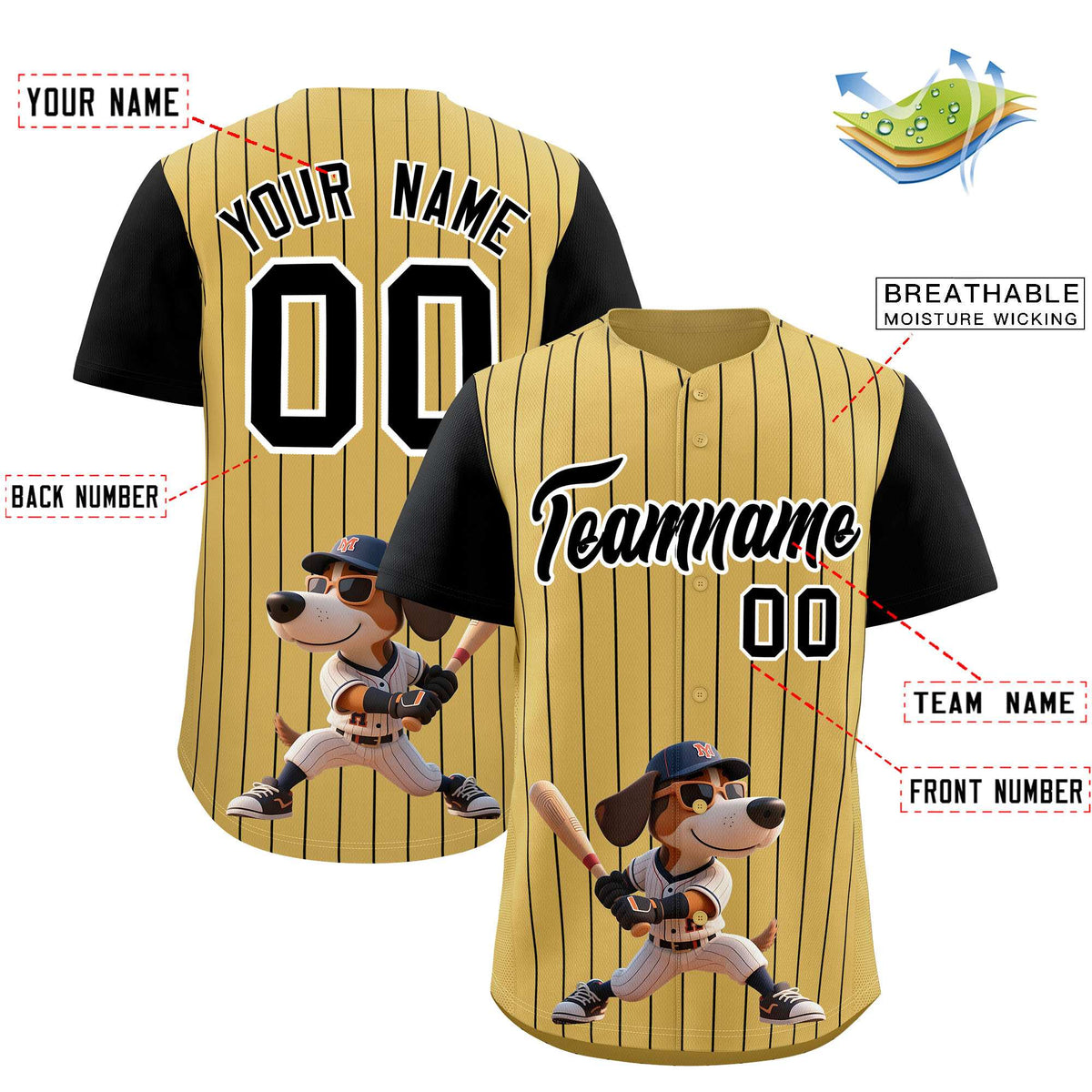 Custom Old Gold Black Stripe Animals Graffiti Pattern Raglan Sleeves Authentic Baseball Jersey