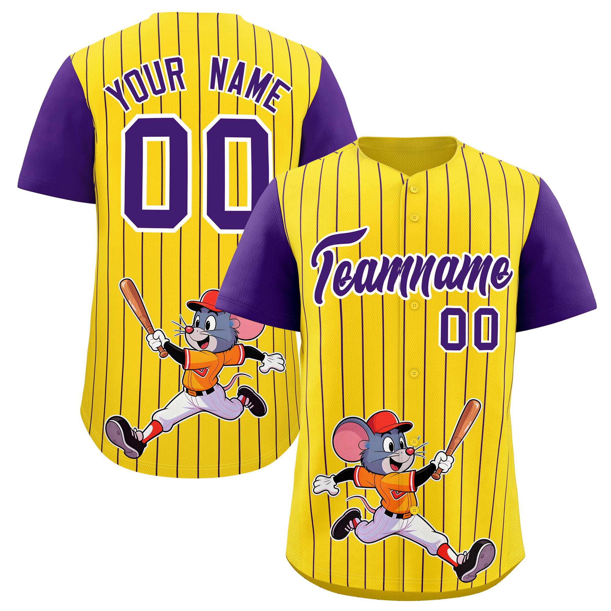 Custom Gold Purple Stripe Animals Graffiti Pattern Raglan Sleeves Authentic Baseball Jersey