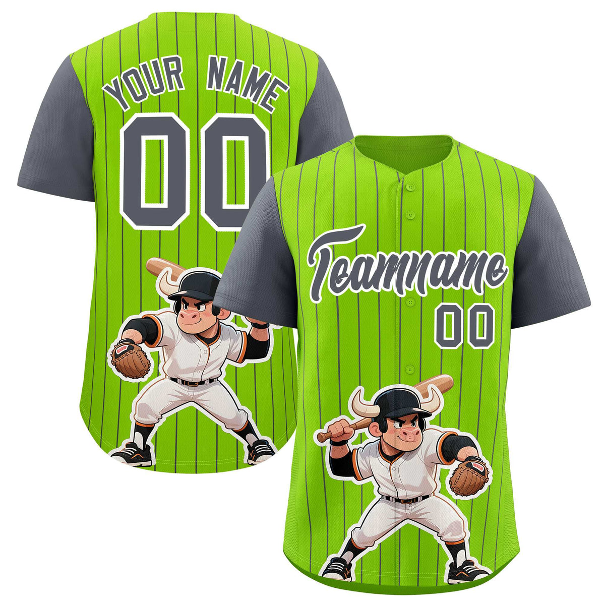 Custom Neon Green Dark Gray Stripe Animals Graffiti Pattern Raglan Sleeves Authentic Baseball Jersey