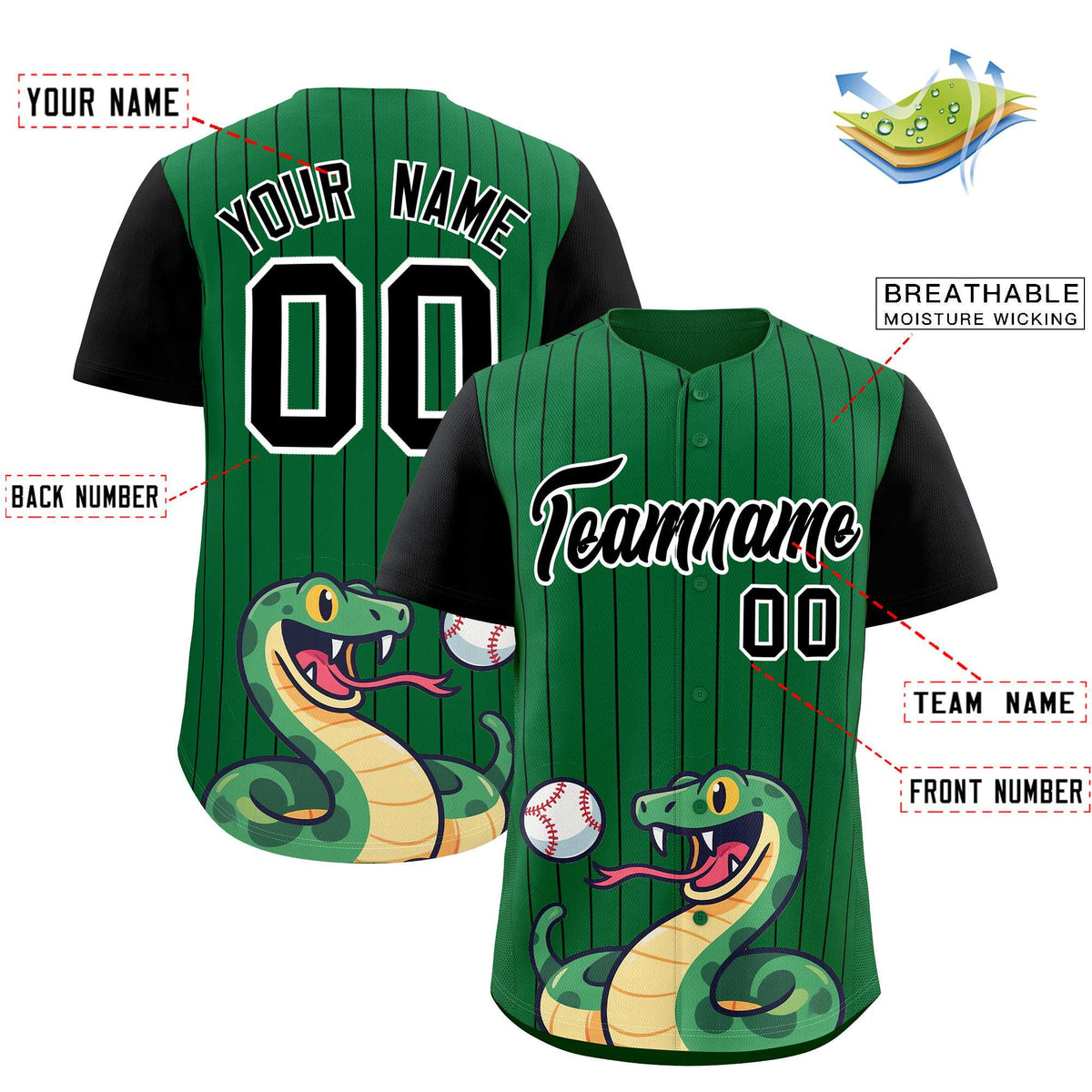 Custom Kelly Green Black Stripe Animals Graffiti Pattern Raglan Sleeves Authentic Baseball Jersey