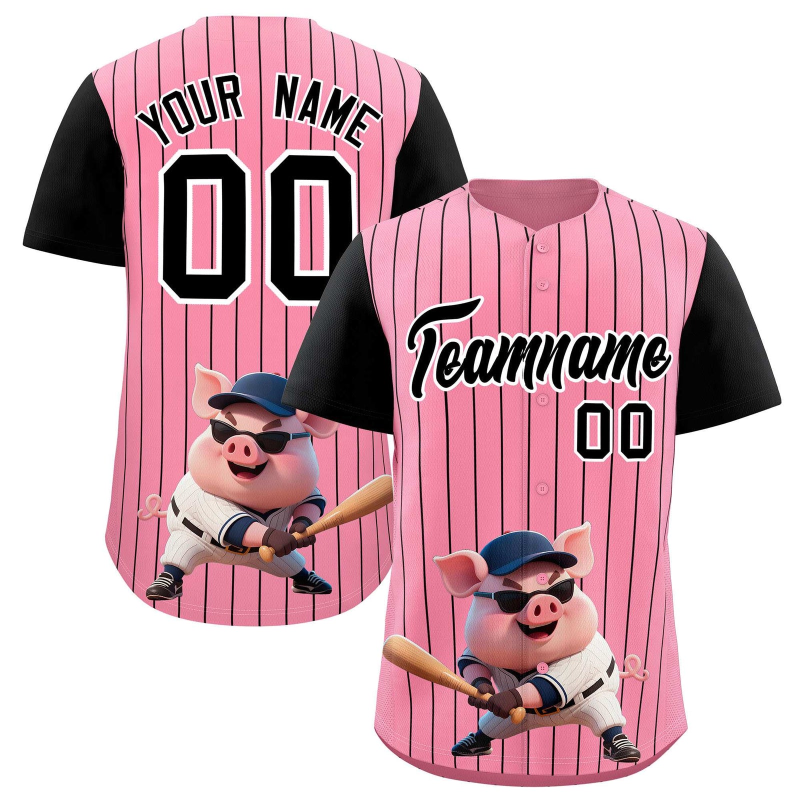 Custom Light Pink White Stripe Animals Graffiti Pattern Raglan Sleeves Authentic Baseball Jersey