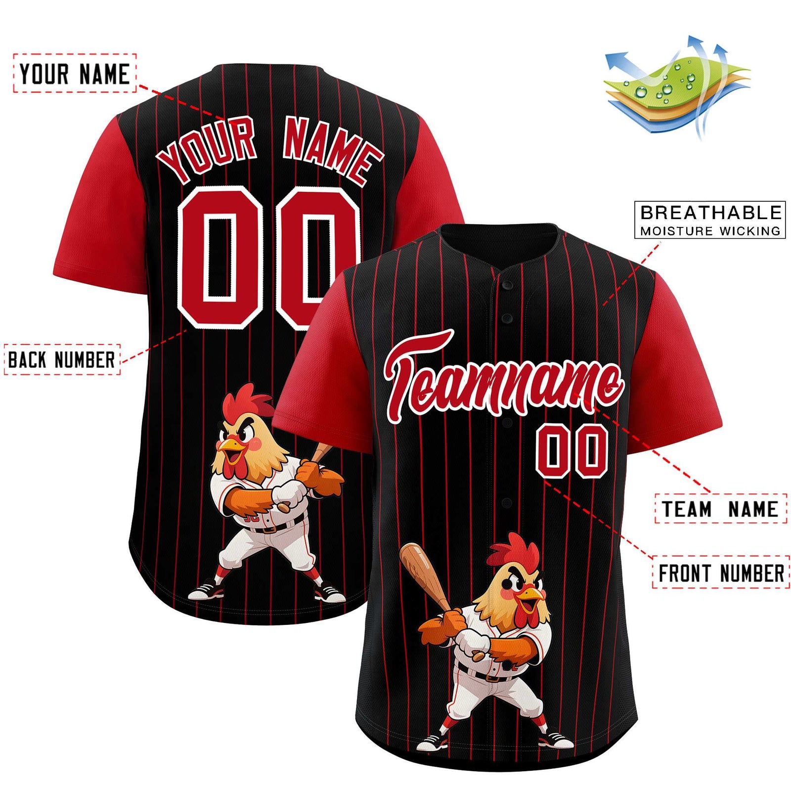 Custom Black Red Stripe Animals Graffiti Pattern Raglan Sleeves Authentic Baseball Jersey