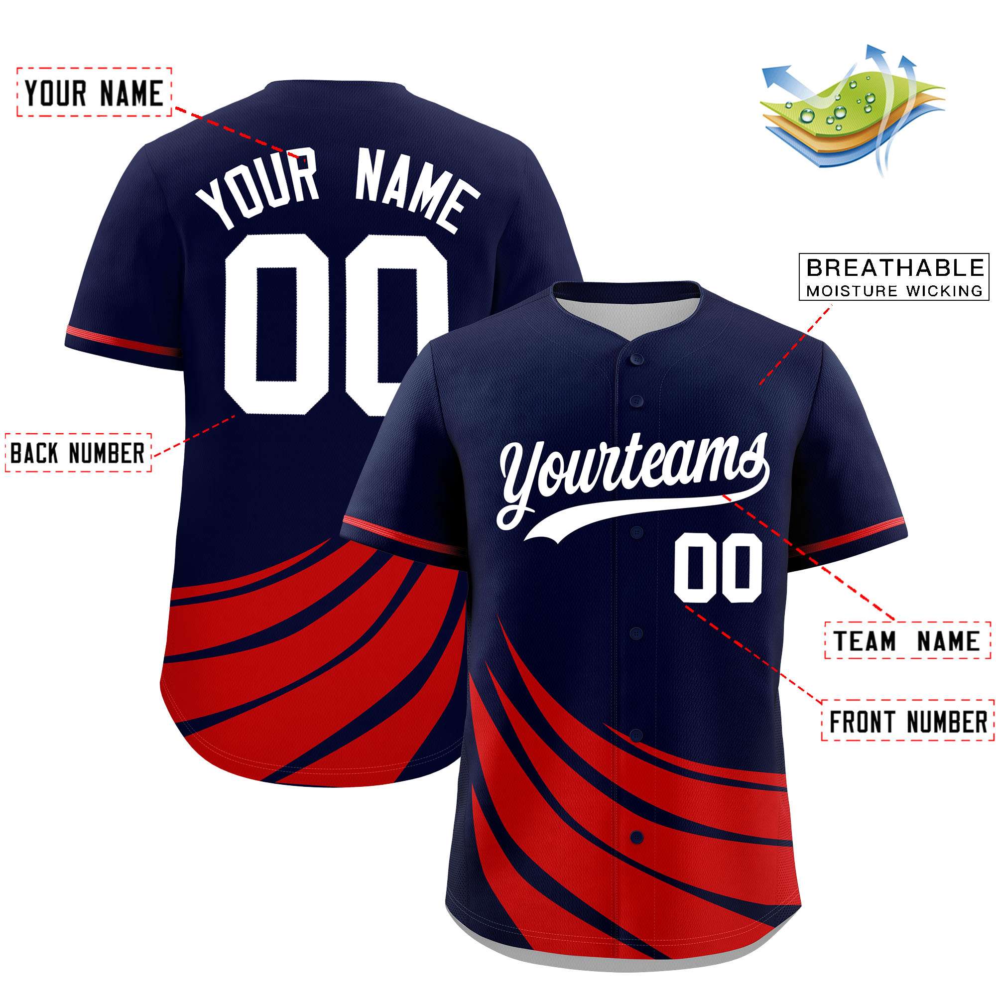 Custom Navy Red Wind Mark Graffiti Pattern Authentic Baseball Jersey