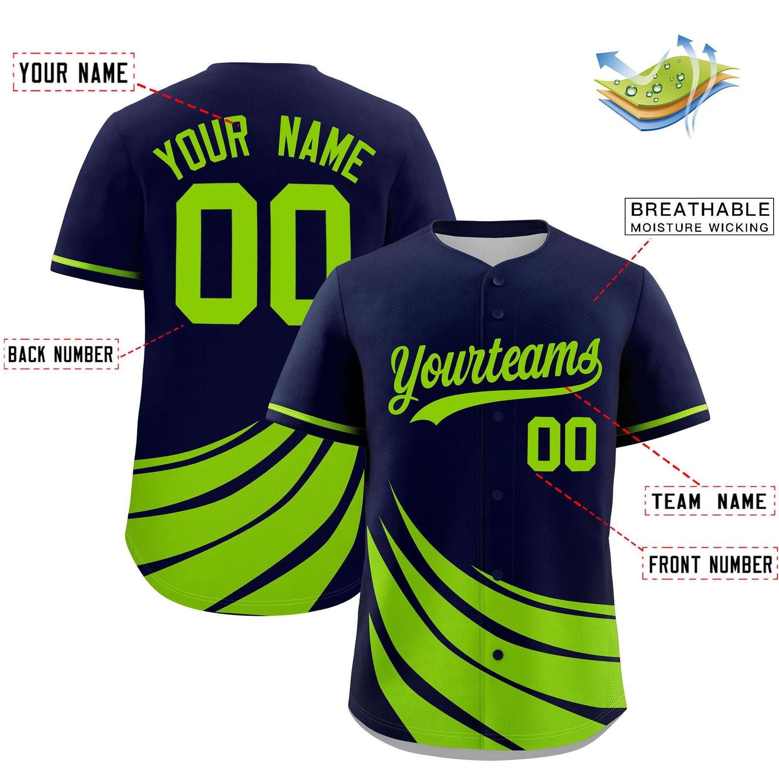 Custom Navy Neon Green Wind Mark Graffiti Pattern Authentic Baseball Jersey