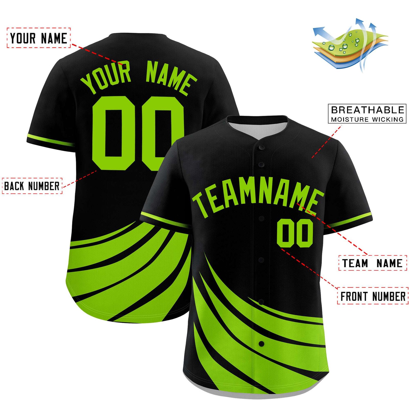 Custom Black Neon Green Wind Mark Graffiti Pattern Authentic Baseball Jersey