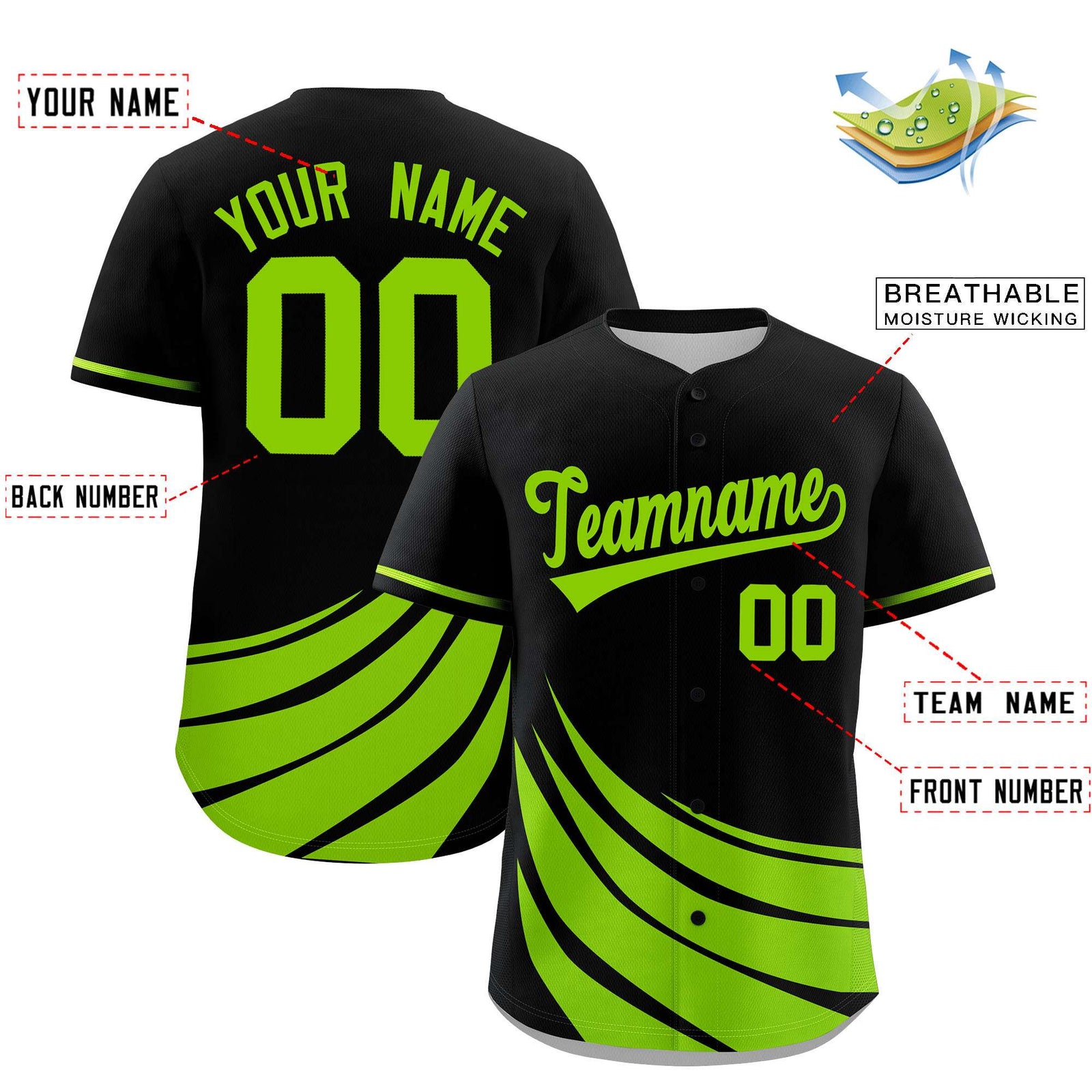 Custom Black Neon Green Wind Mark Graffiti Pattern Authentic Baseball Jersey