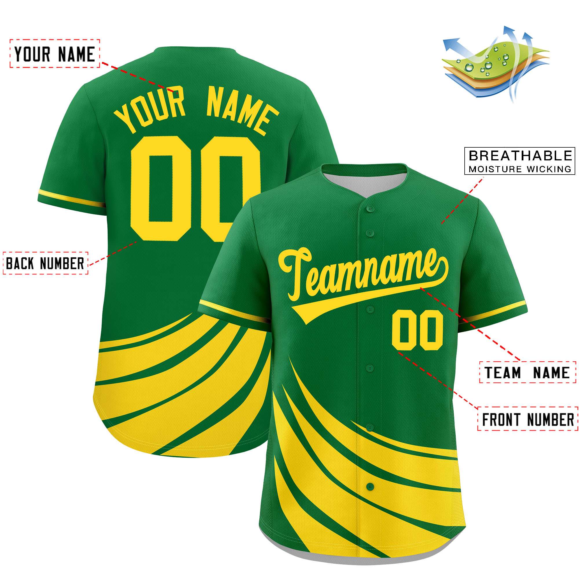 Custom Kelly Green Yellow Wind Mark Graffiti Pattern Authentic Baseball Jersey