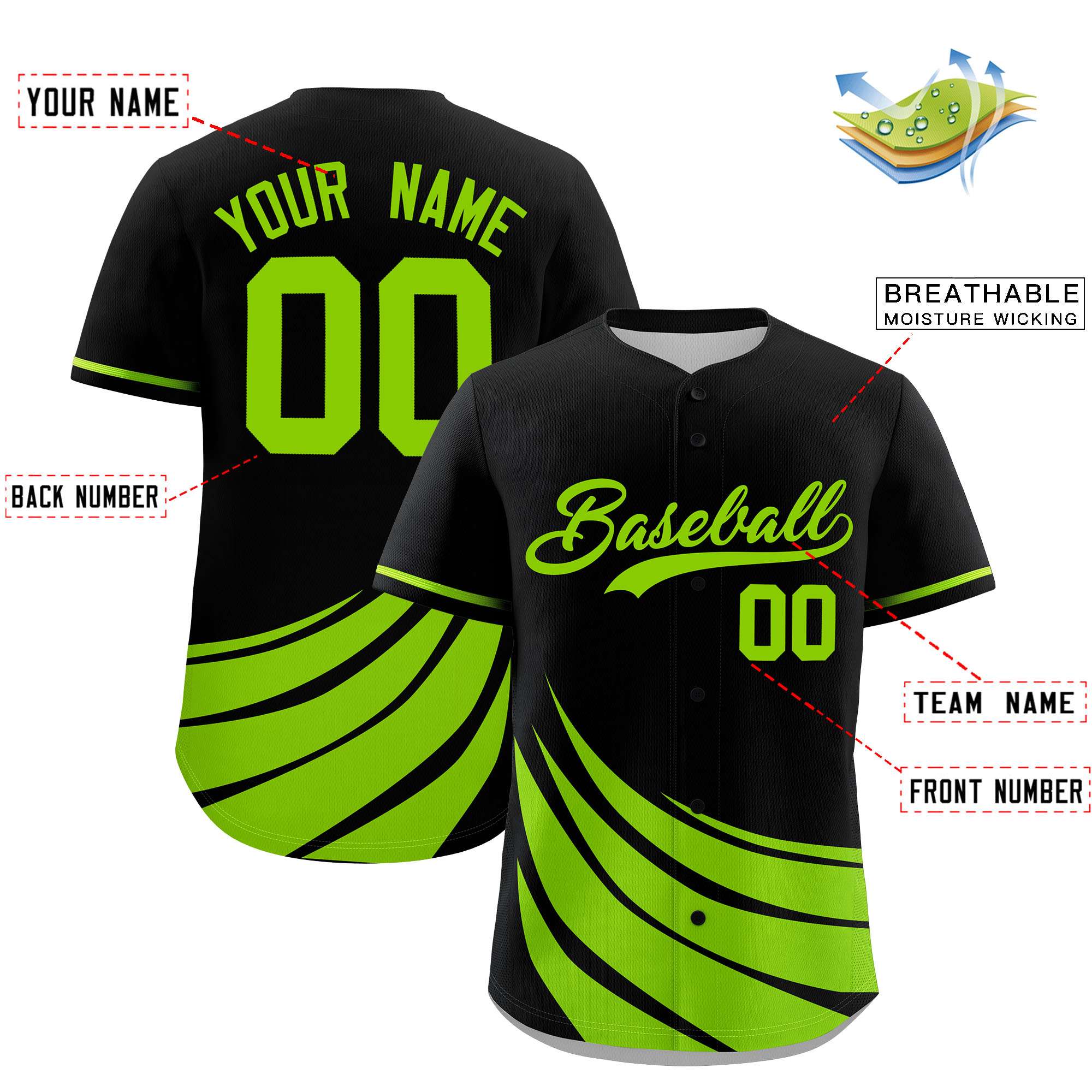 Custom Black Neon Green Wind Mark Graffiti Pattern Authentic Baseball Jersey