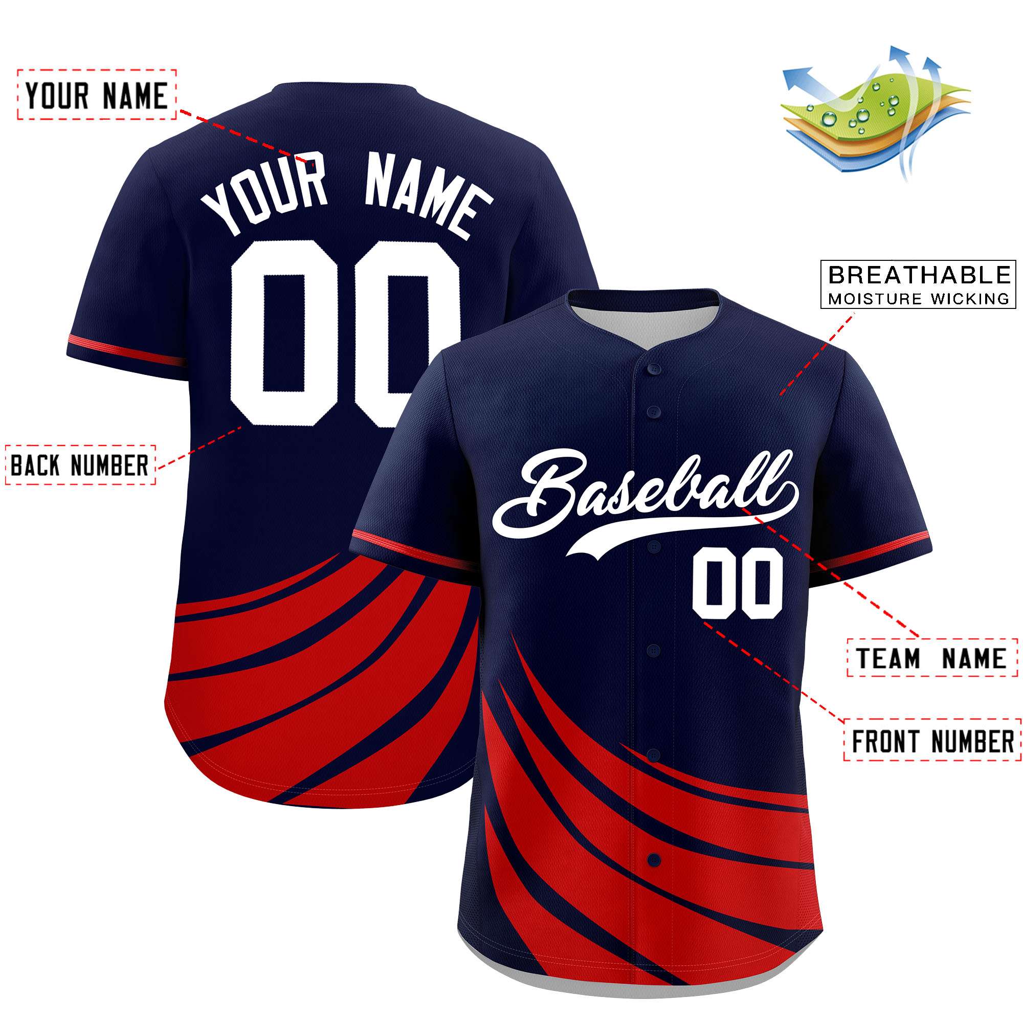 Custom Navy Red Wind Mark Graffiti Pattern Authentic Baseball Jersey