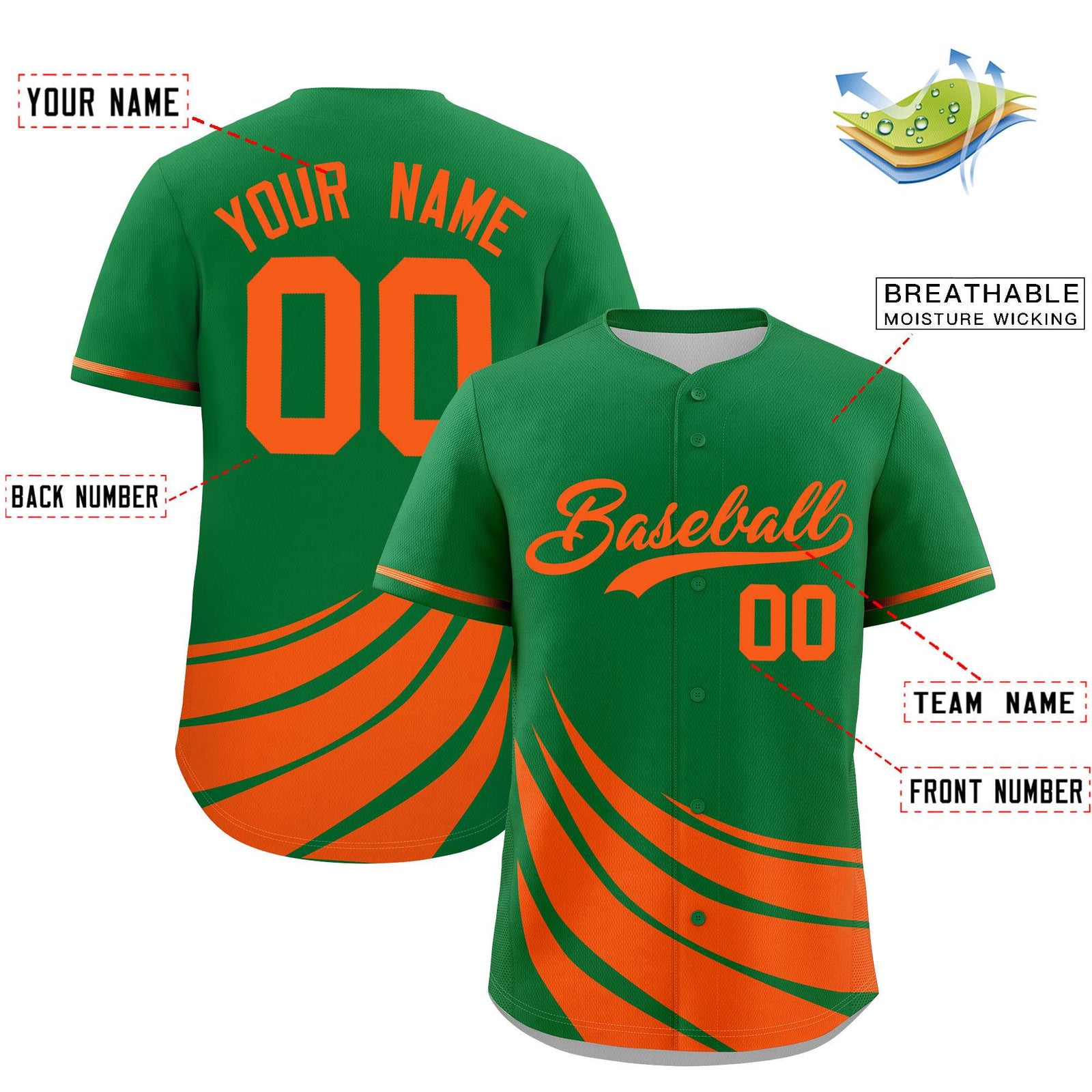 Custom Kelly Green Orange Wind Mark Graffiti Pattern Authentic Baseball Jersey