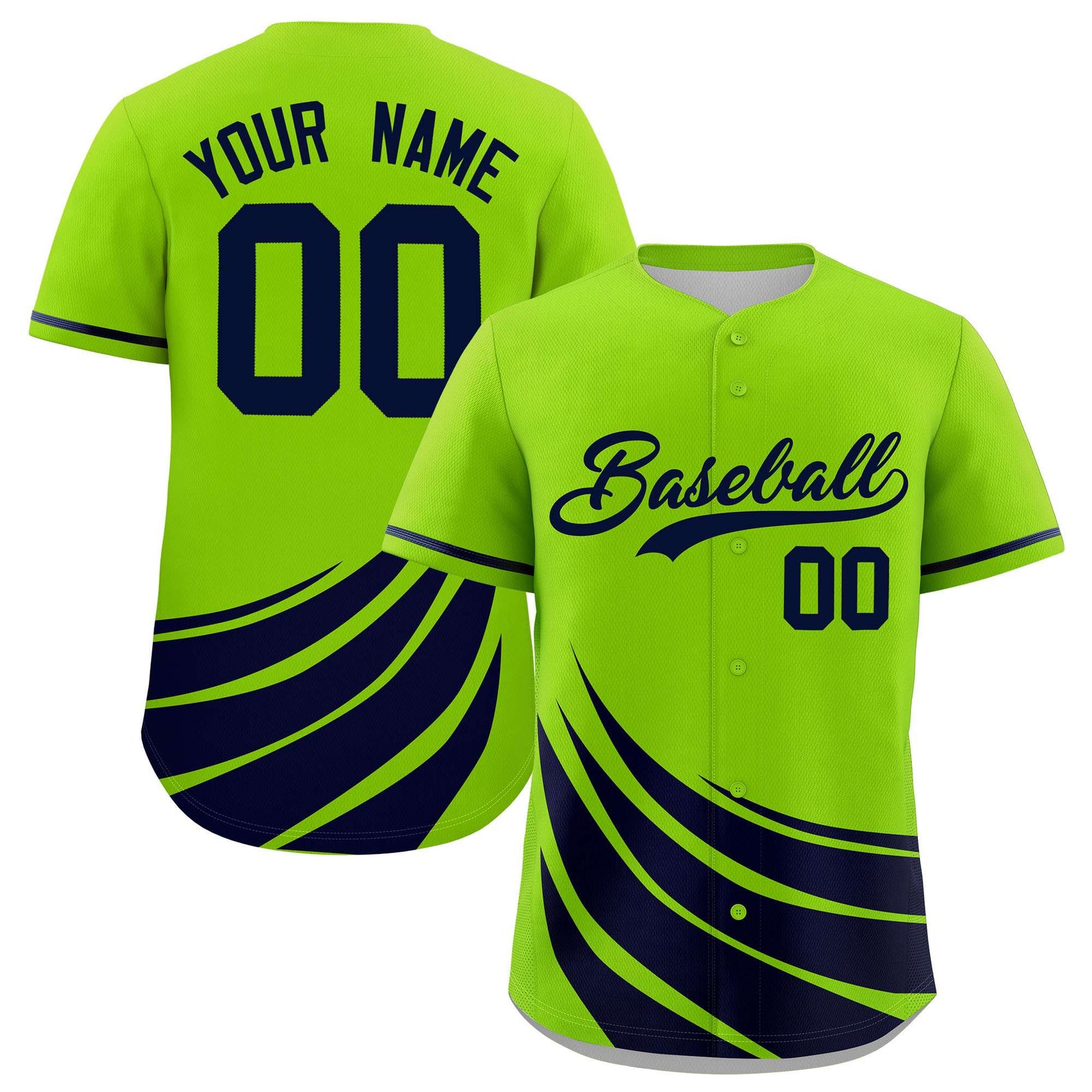 Custom Neon Green Navy Wind Mark Graffiti Pattern Authentic Baseball Jersey