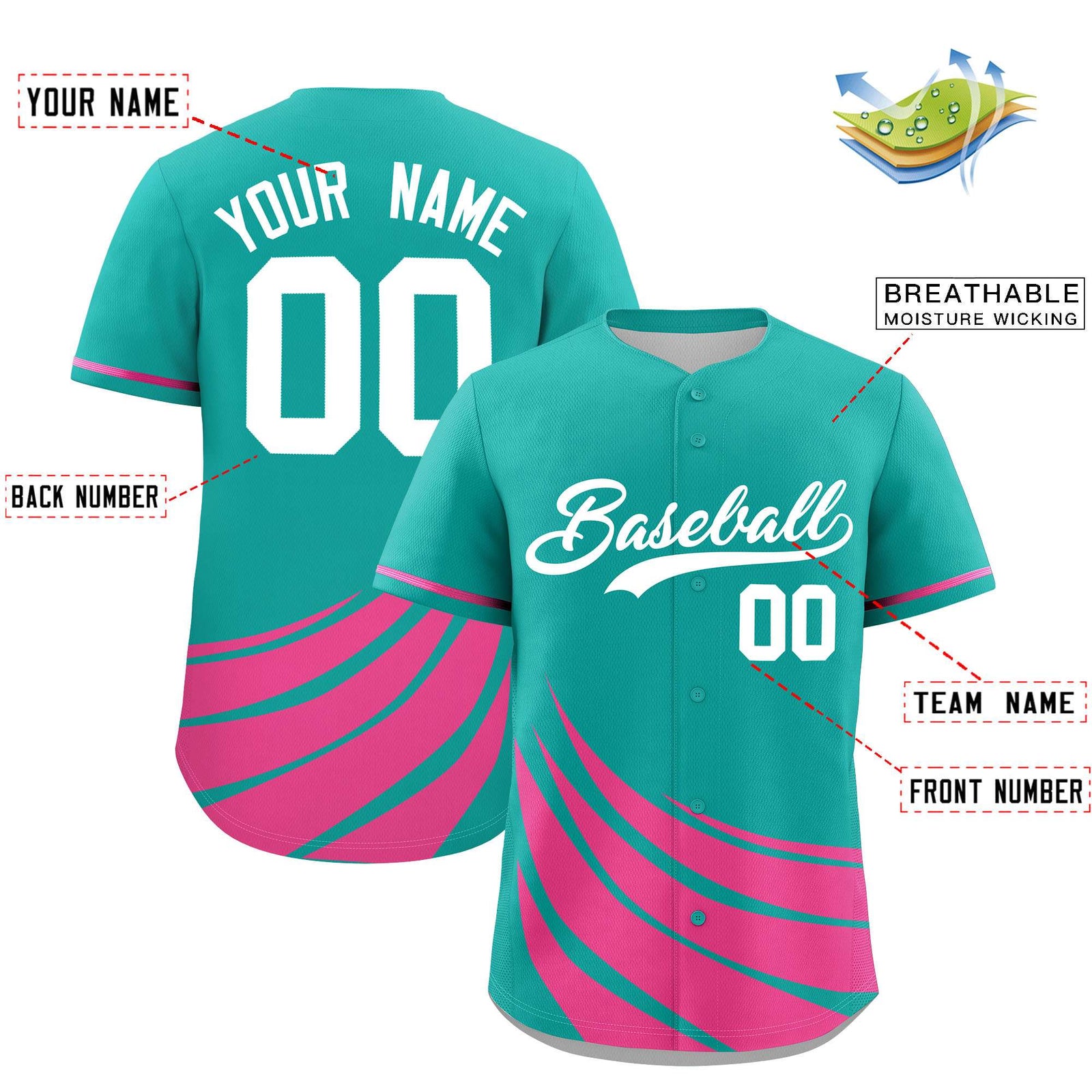 Custom Aqua Pink Wind Mark Graffiti Pattern Authentic Baseball Jersey