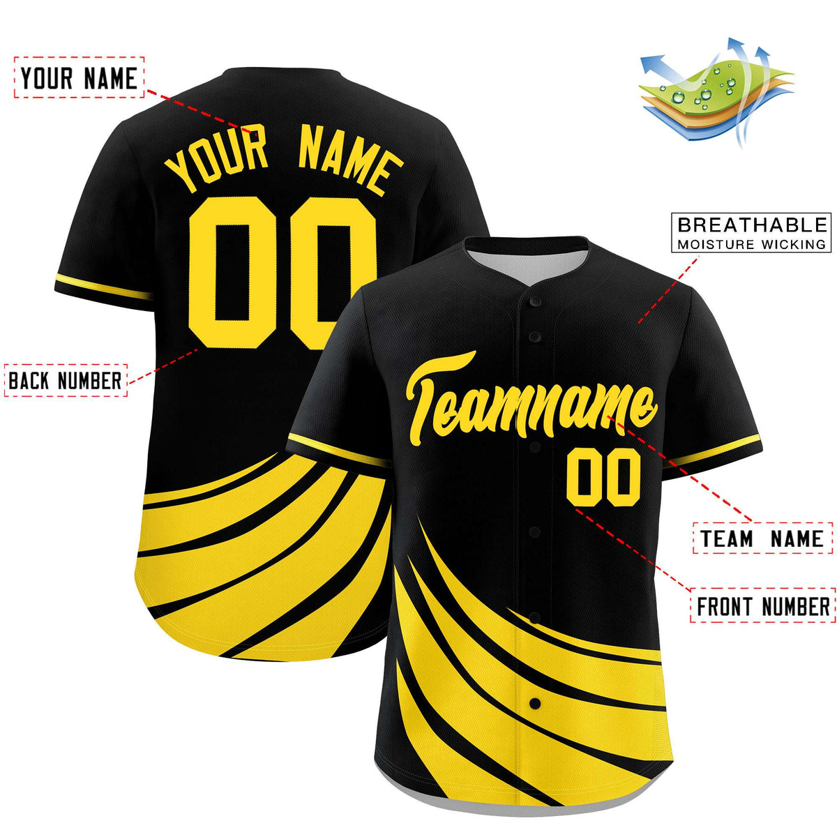 Custom Black Yellow Wind Mark Graffiti Pattern Authentic Baseball Jersey