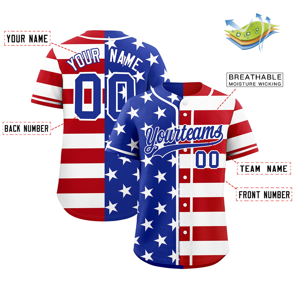 Custom Royal Blue Red White American Flag Graffiti Pattern Split Fashion Independence Day Stretch Fabric Baseball Jersey| KXKSHOP