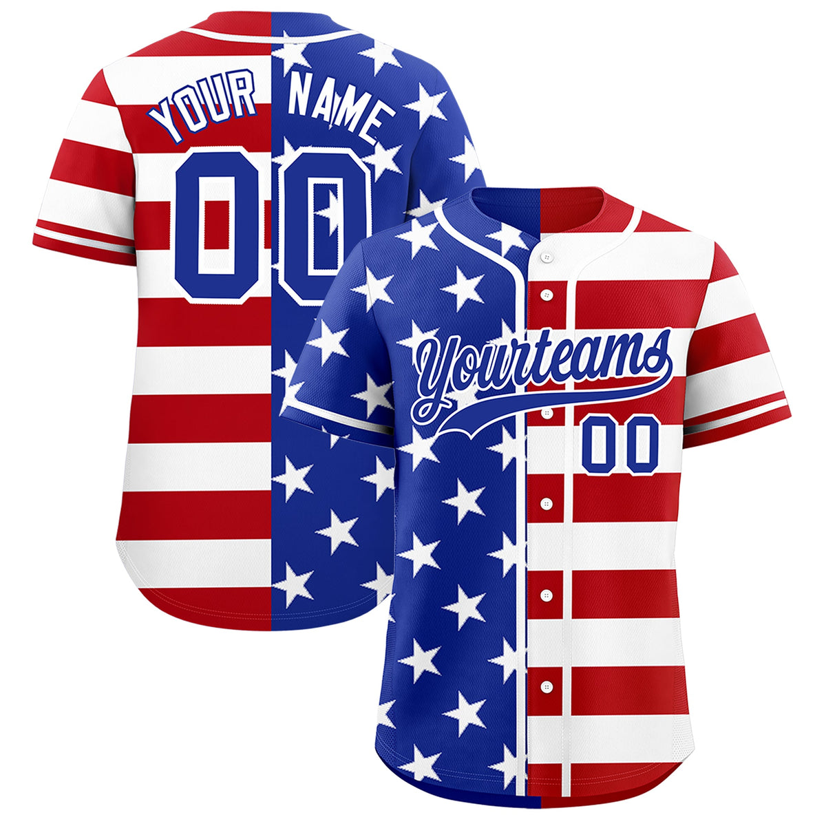 Custom Royal Blue Red White American Flag Graffiti Pattern Split Fashion Independence Day Stretch Fabric Baseball Jersey| KXKSHOP