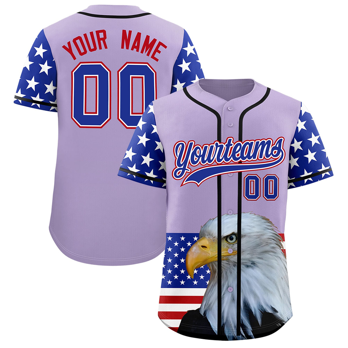 Custom Light Purple Royal Blue White American Flag Graffiti Pattern Split Fashion Independence Day Stretch Fabric Baseball Jersey| KXKSHOP