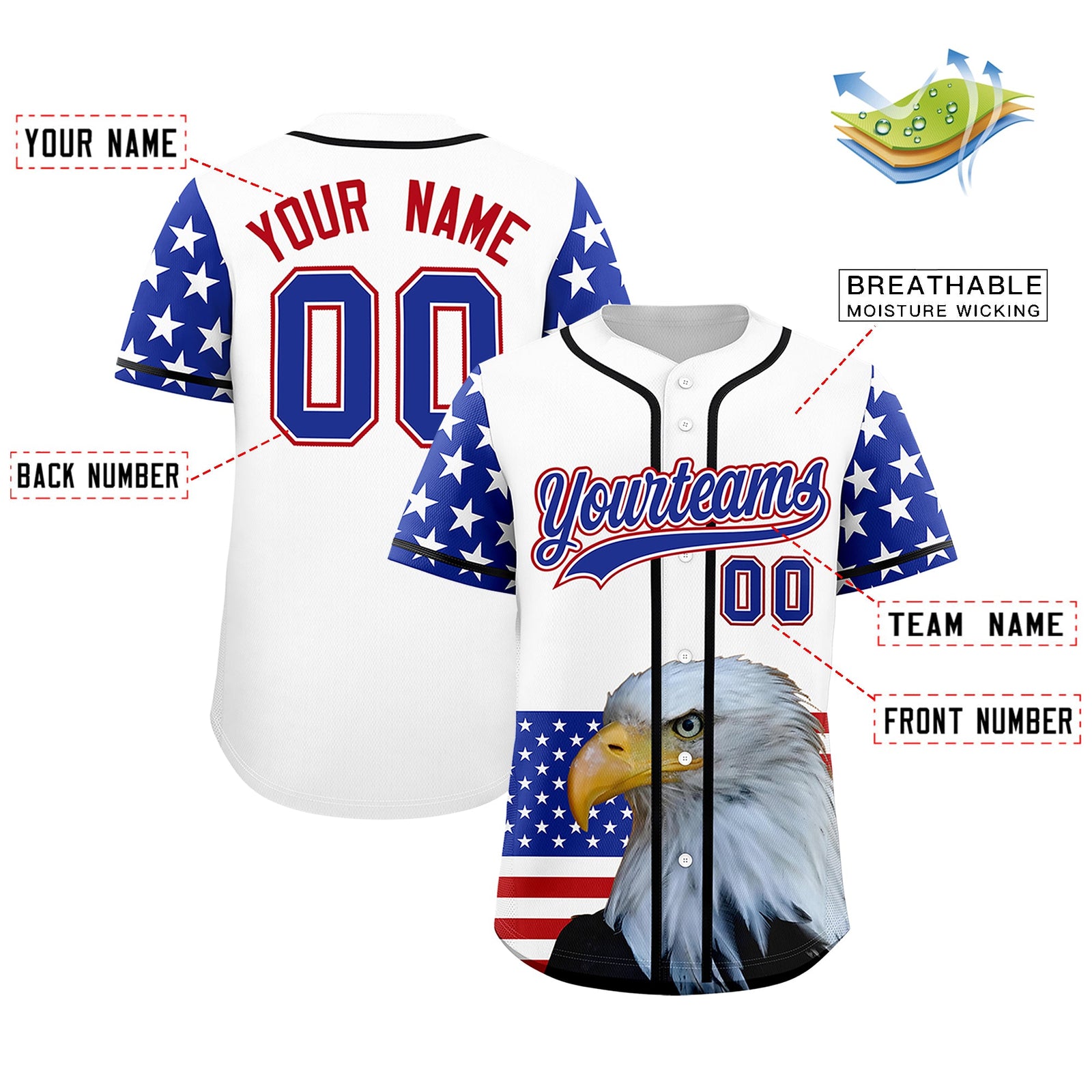 Custom White Royal Blue Red American Flag Graffiti Pattern Split Fashion Independence Day Quick Dry Baseball Jersey| KXKSHOP