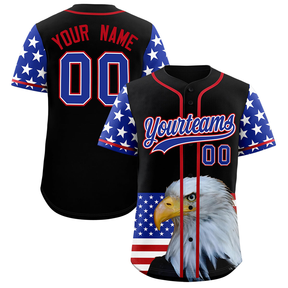 Custom Black Royal Blue White American Flag Graffiti Pattern Split Fashion Independence Day Stretch Fabric Baseball Jersey| KXKSHOP