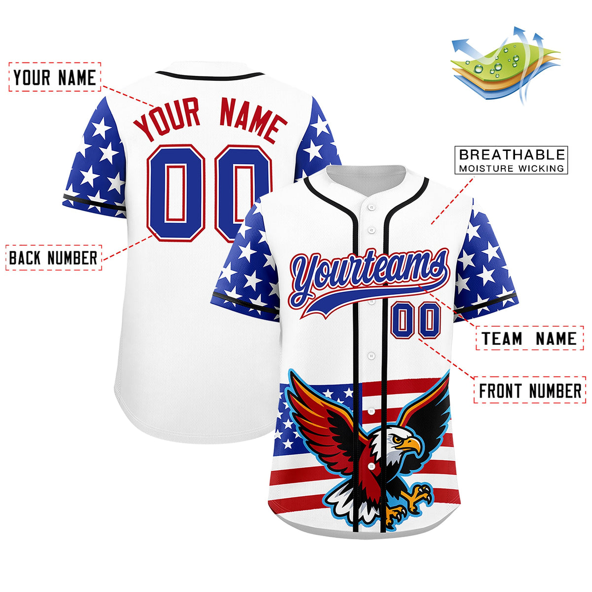 Custom White Royal Blue Red American Flag Graffiti Pattern Split Fashion Independence Day Quick Dry Baseball Jersey| KXKSHOP