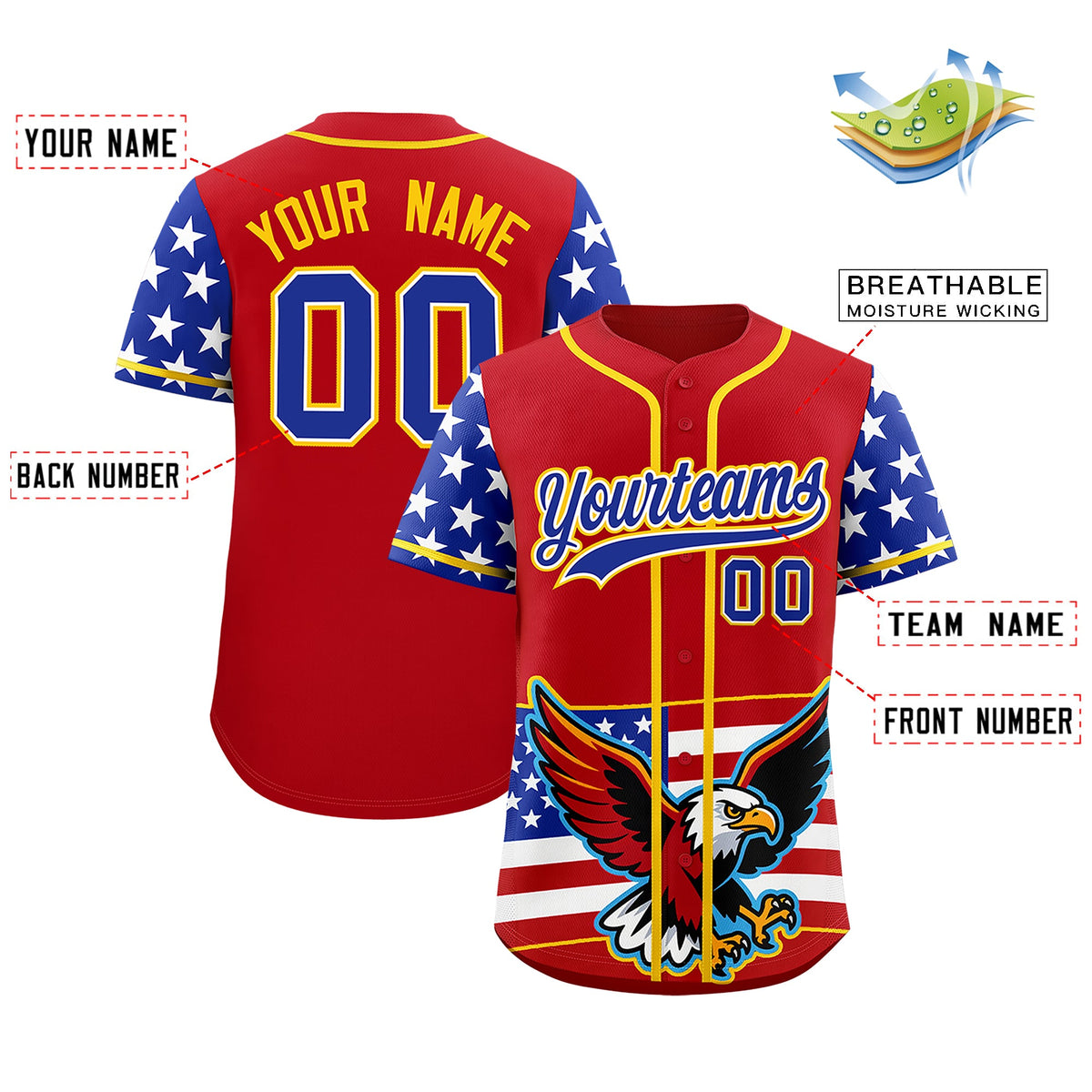 Custom Red Royal Blue White American Flag Graffiti Pattern Split Fashion Independence Day Stretch Fabric Baseball Jersey| KXKSHOP
