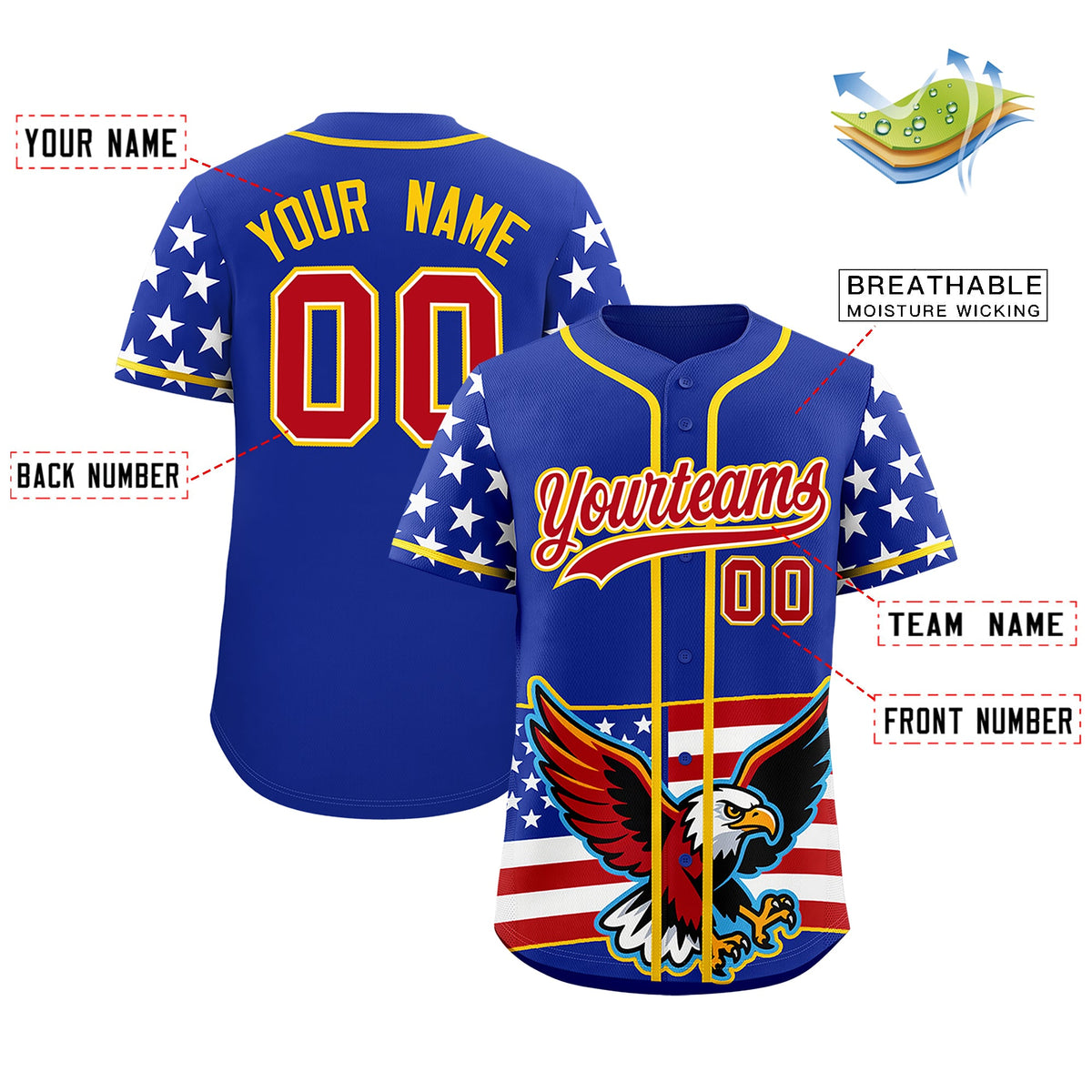 Custom Royal Blue White Red American Flag Graffiti Pattern Split Fashion Independence Day Quick Dry Baseball Jersey| KXKSHOP