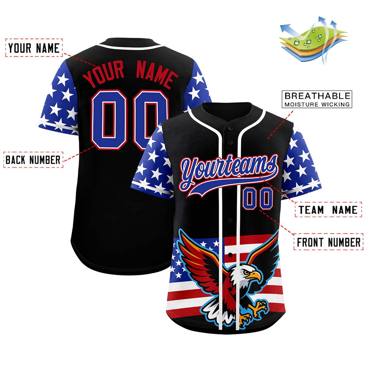Custom Black Royal Blue White American Flag Graffiti Pattern Split Fashion Independence Day Stretch Fabric Baseball Jersey| KXKSHOP