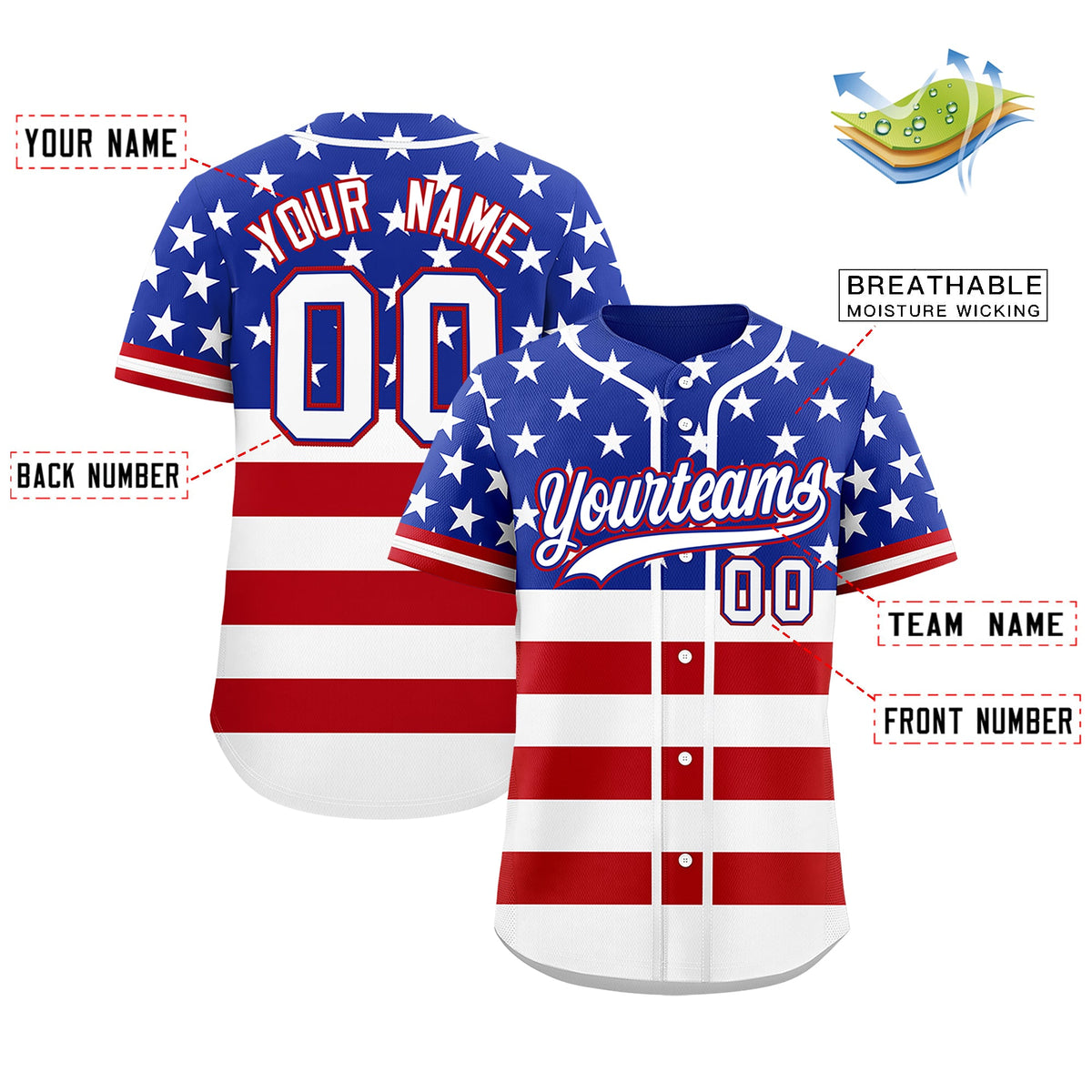 Custom Royal Blue Red White American Flag Graffiti Pattern Split Fashion Independence Day Quick Dry Baseball Jersey| KXKSHOP