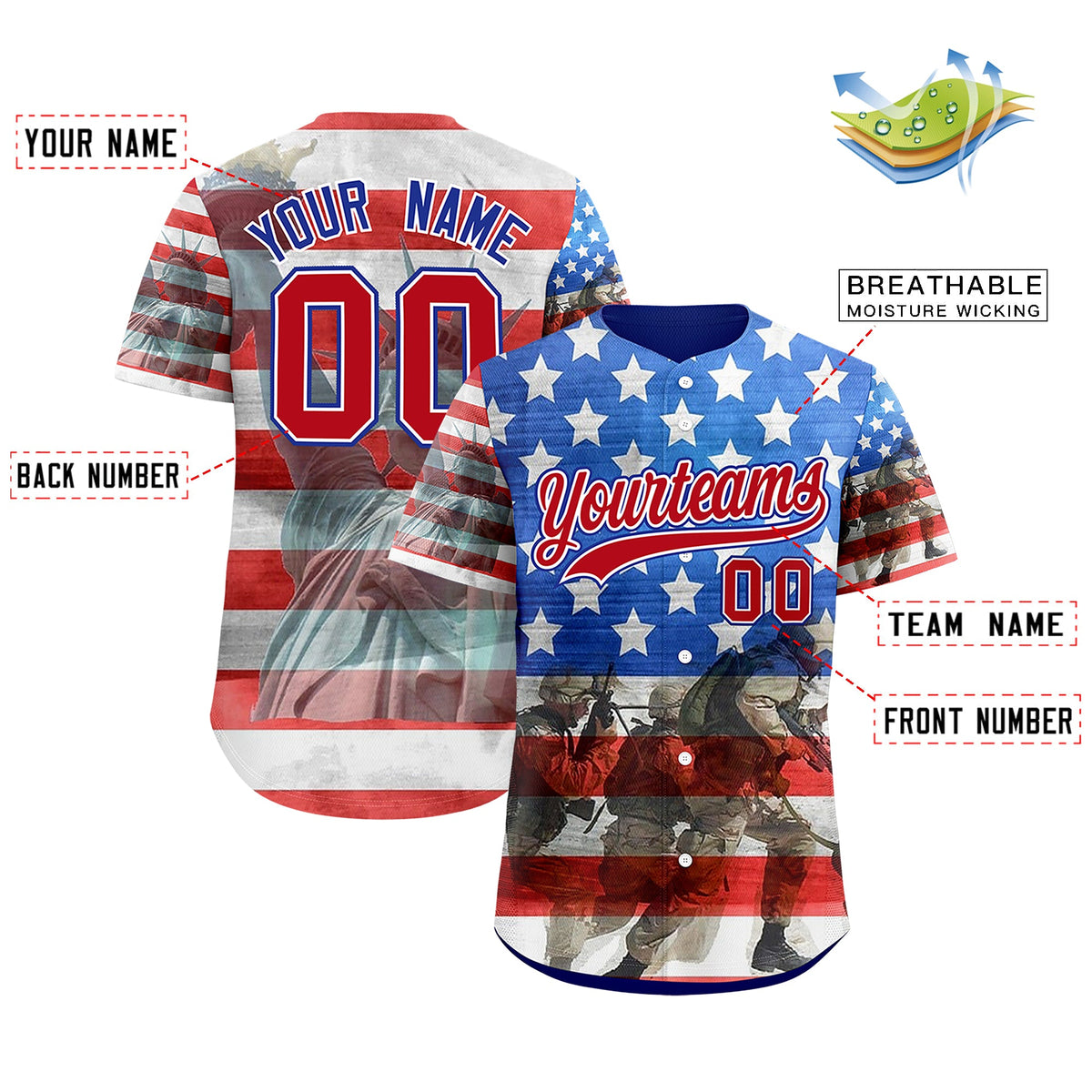 Custom White Royal Blue American Flag Graffiti Pattern Split Fashion Independence Day Quick Dry Baseball Jersey| KXKSHOP
