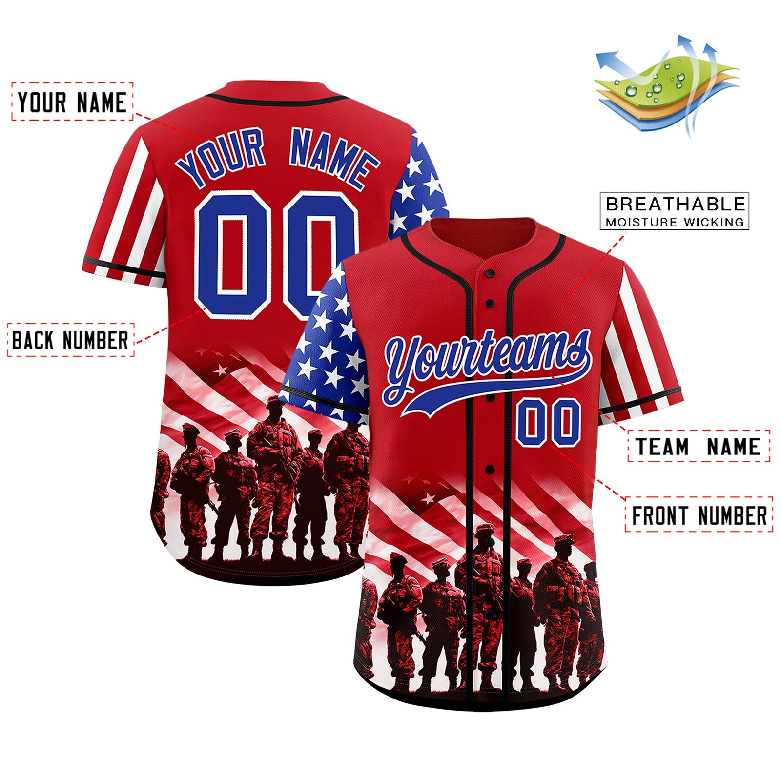 Custom Red Royal Blue White American Flag Graffiti Pattern Split Fashion Independence Day Stretch Fabric Baseball Jersey| KXKSHOP
