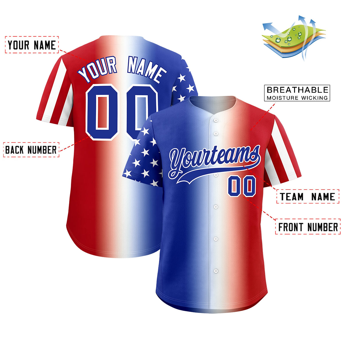 Custom Royal Blue White Red American Flag Graffiti Pattern Split Fashion Independence Day Quick Dry Baseball Jersey| KXKSHOP