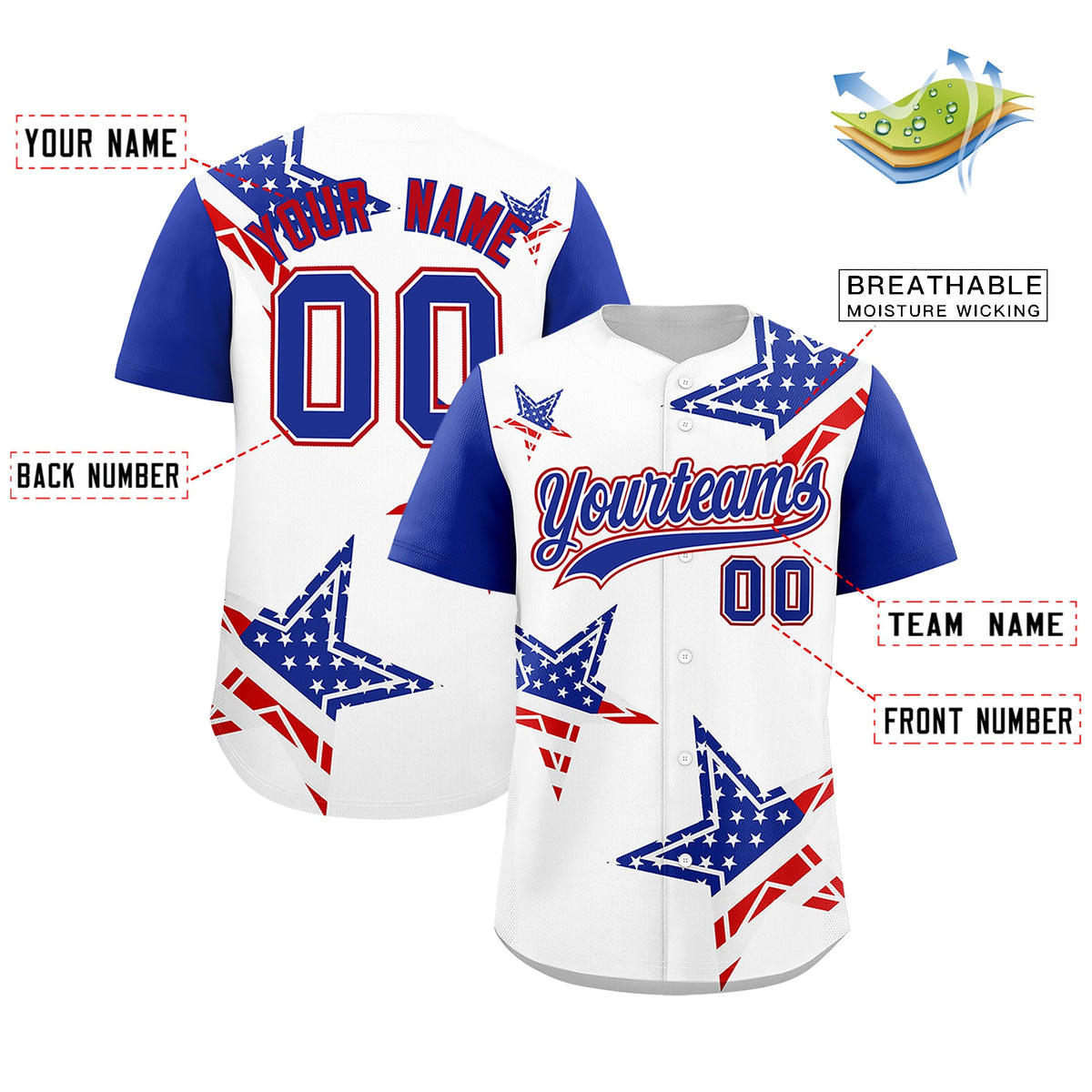 Custom White Royal Blue Red American Flag Graffiti Pattern Split Fashion Independence Day Quick Dry Baseball Jersey| KXKSHOP