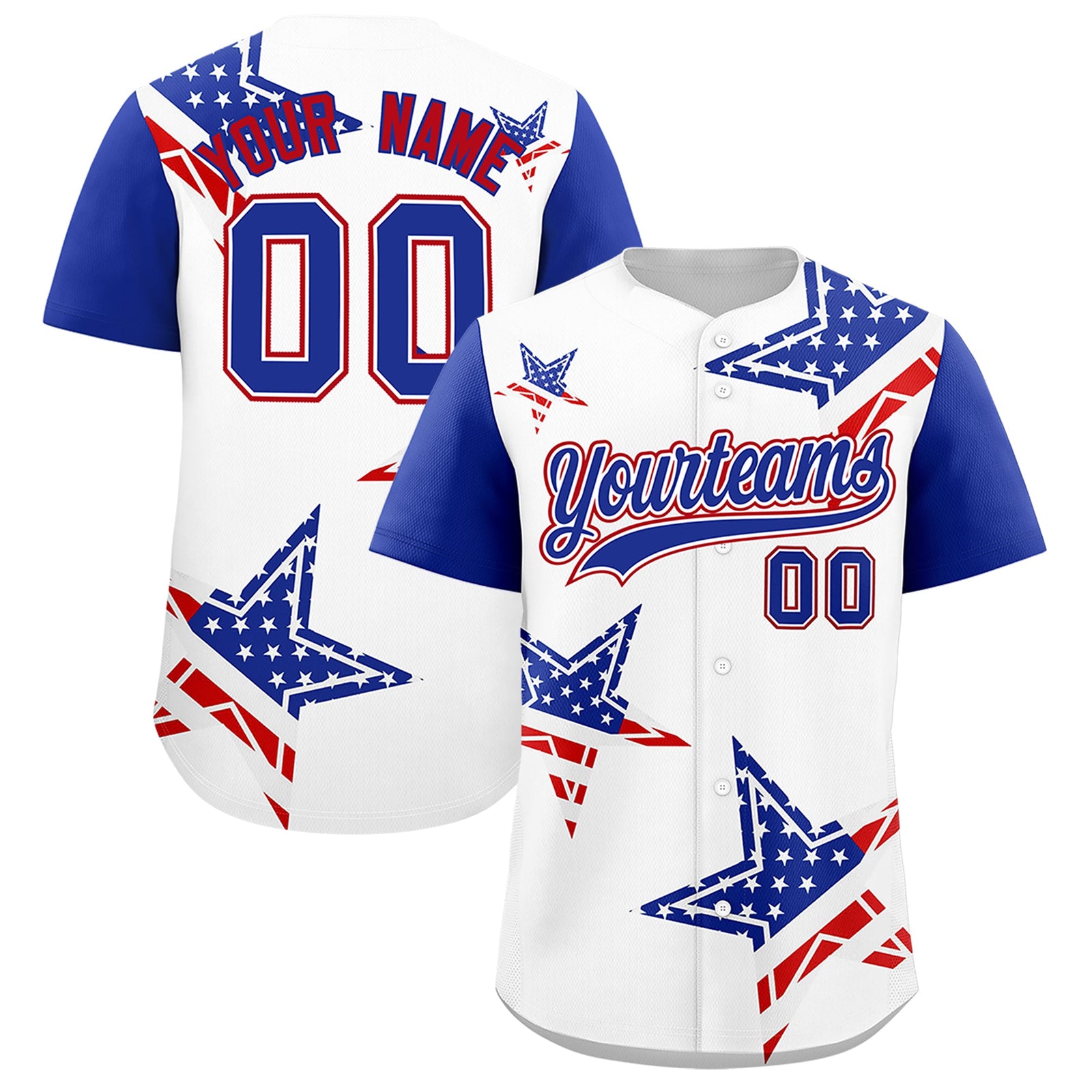 Custom White Royal Blue Red American Flag Graffiti Pattern Split Fashion Independence Day Quick Dry Baseball Jersey| KXKSHOP