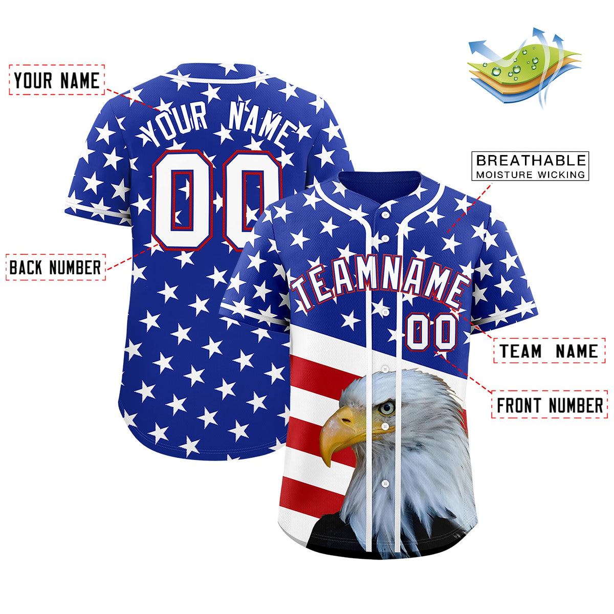 Custom Royal Blue Red White American Flag Graffiti Pattern Split Fashion Independence Day Quick Dry Baseball Jersey| KXKSHOP