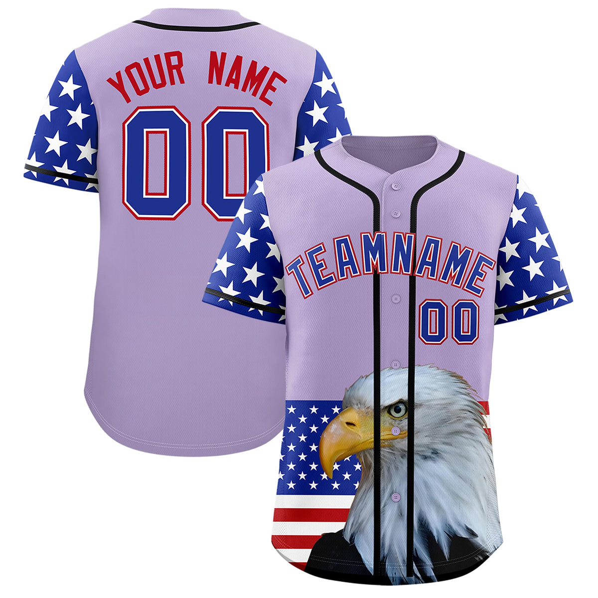 Custom Light Purple Royal Blue White American Flag Graffiti Pattern Split Fashion Independence Day Stretch Fabric Baseball Jersey| KXKSHOP