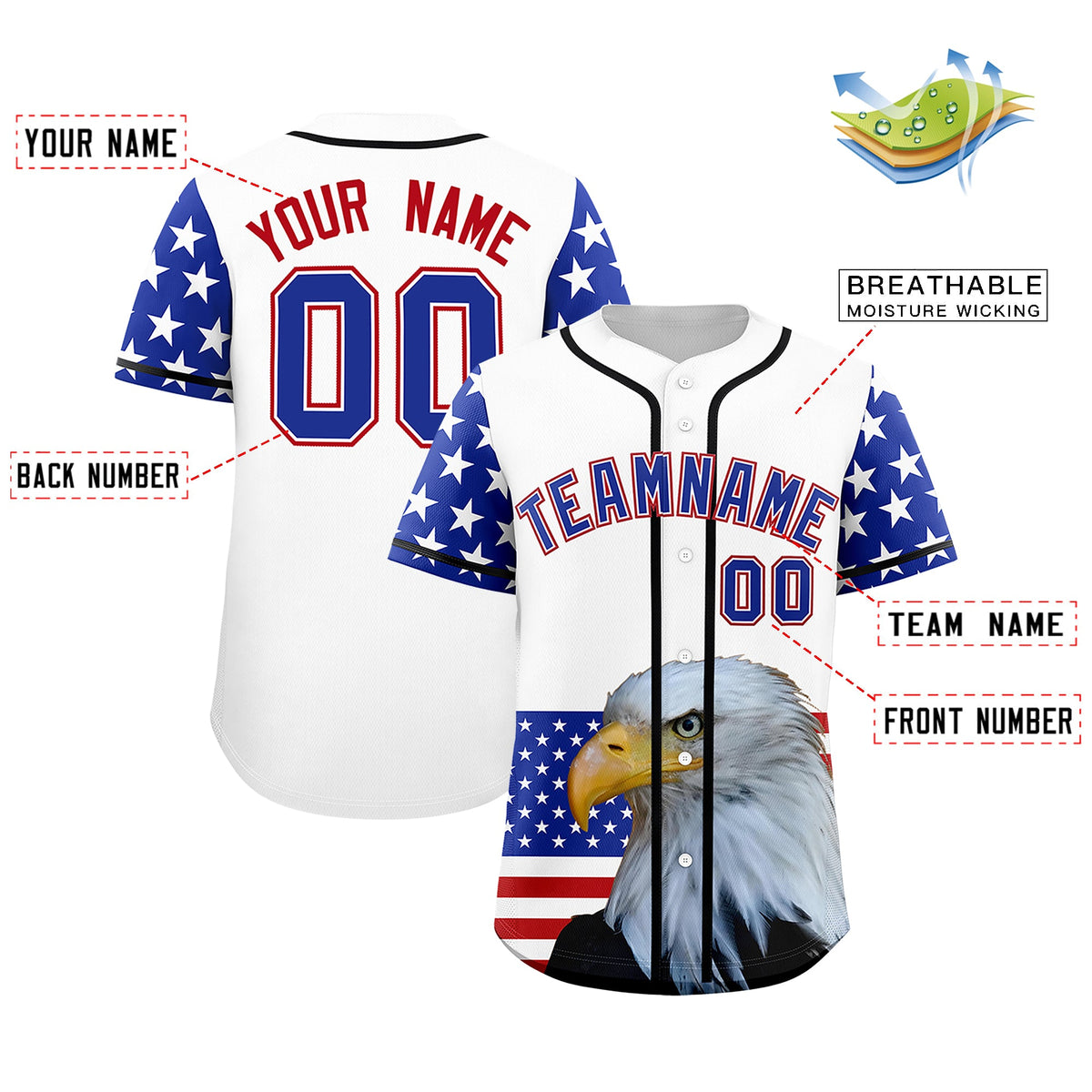 Custom White Royal Blue Red American Flag Graffiti Pattern Split Fashion Independence Day Quick Dry Baseball Jersey| KXKSHOP