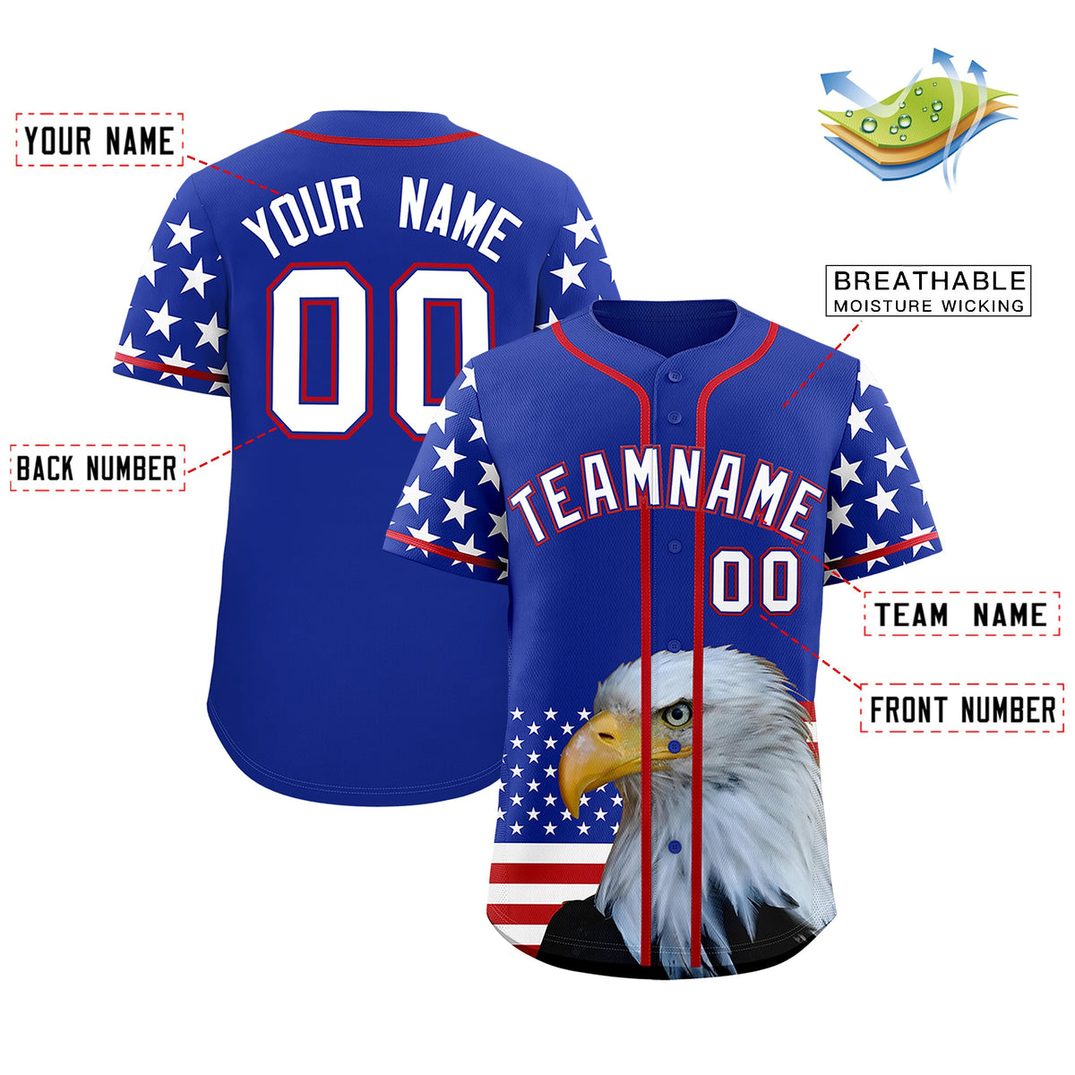 Custom Royal Blue White Red American Flag Graffiti Pattern Split Fashion Independence Day Stretch Fabric Baseball Jersey| KXKSHOP