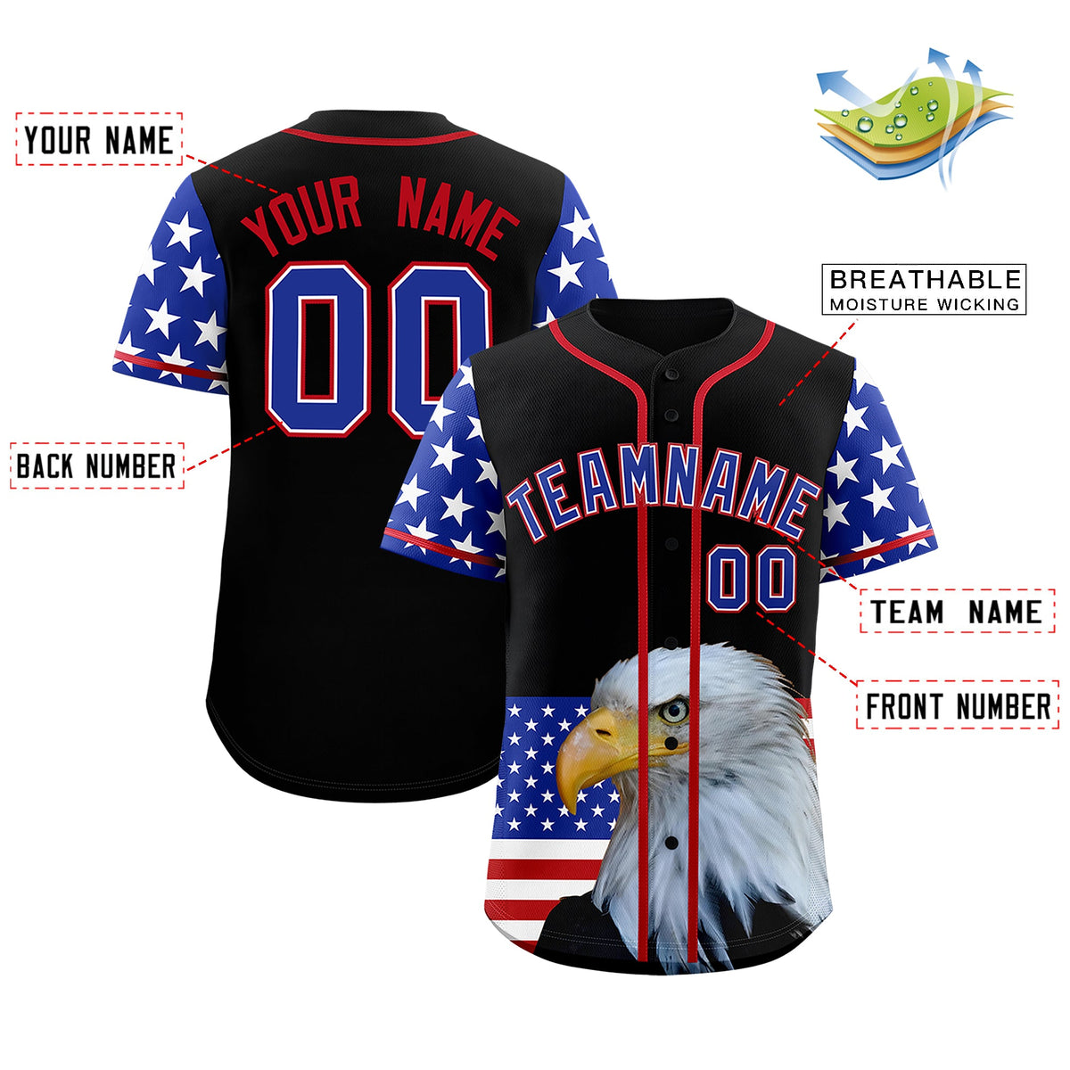 Custom Black Royal Blue White American Flag Graffiti Pattern Split Fashion Independence Day Stretch Fabric Baseball Jersey| KXKSHOP