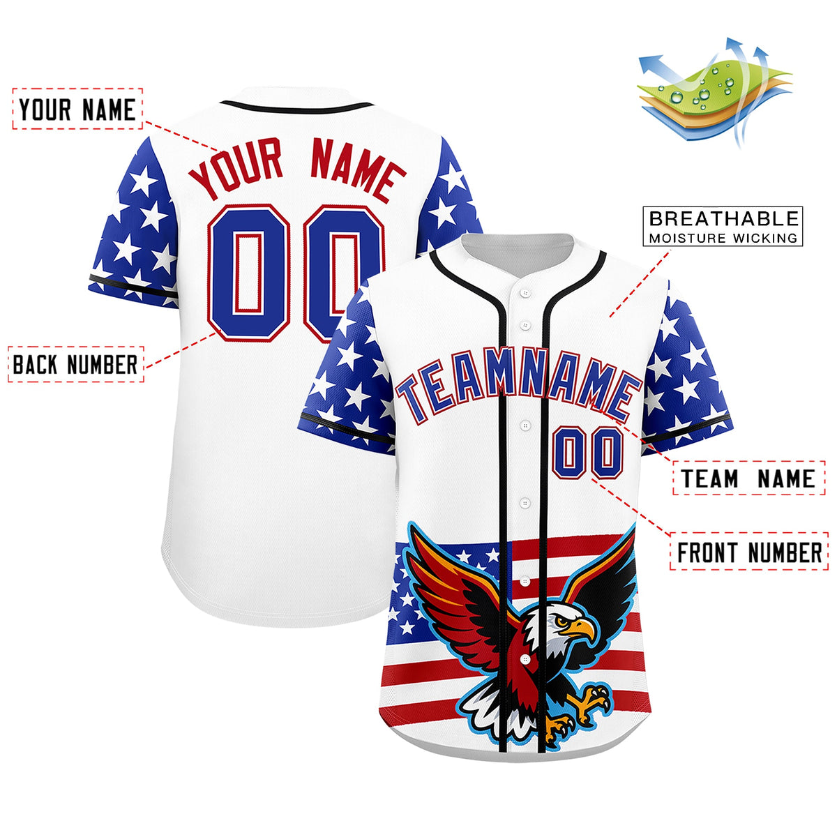 Custom White Royal Blue Red American Flag Graffiti Pattern Split Fashion Independence Day Quick Dry Baseball Jersey| KXKSHOP