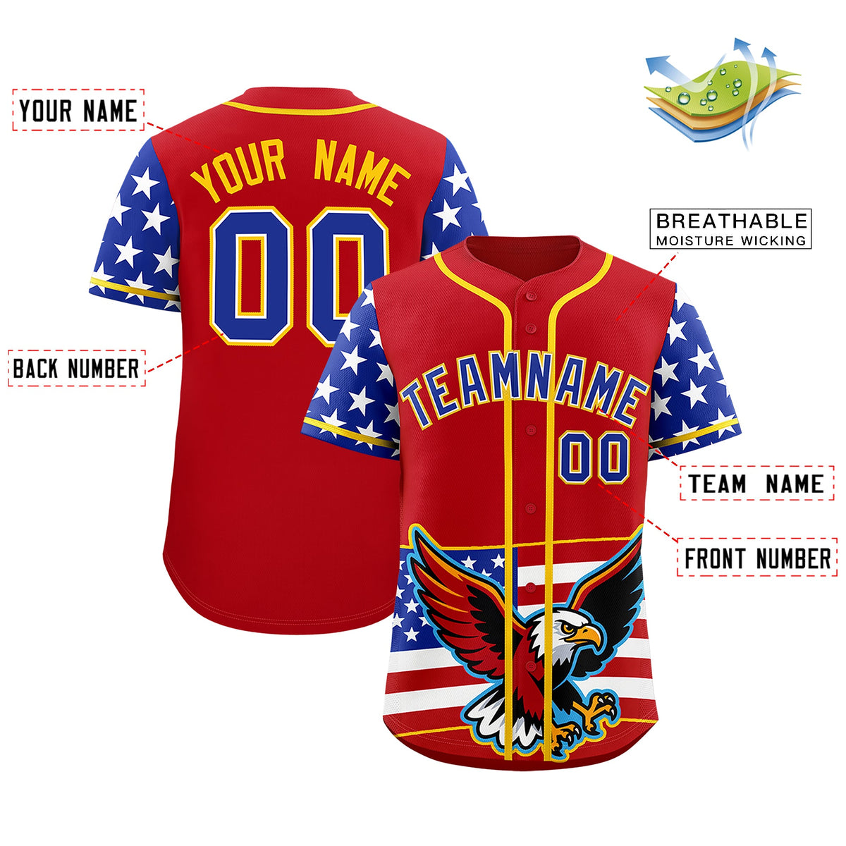 Custom Red Royal Blue White American Flag Graffiti Pattern Split Fashion Independence Day Stretch Fabric Baseball Jersey| KXKSHOP