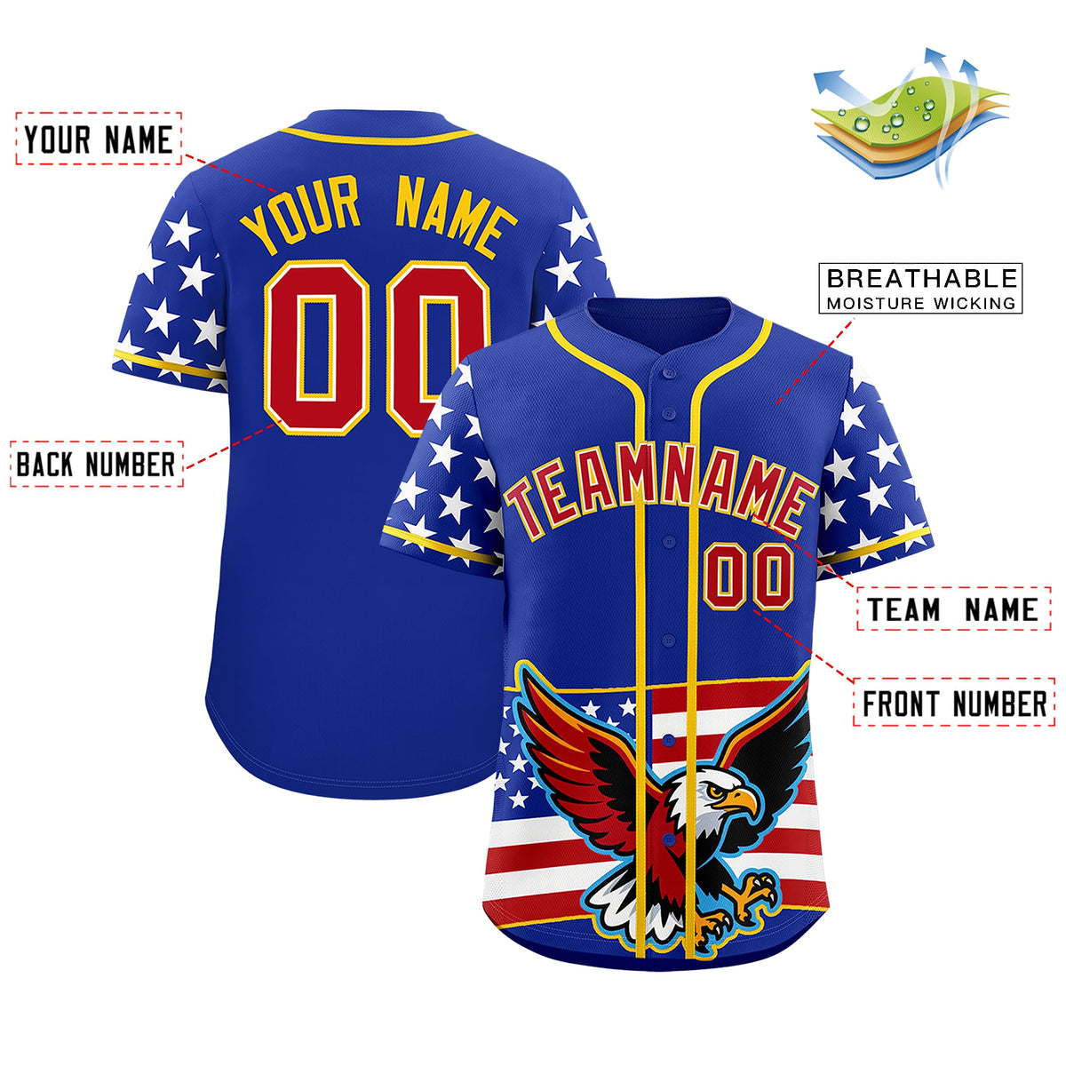 Custom Royal Blue White Red American Flag Graffiti Pattern Split Fashion Independence Day Quick Dry Baseball Jersey| KXKSHOP