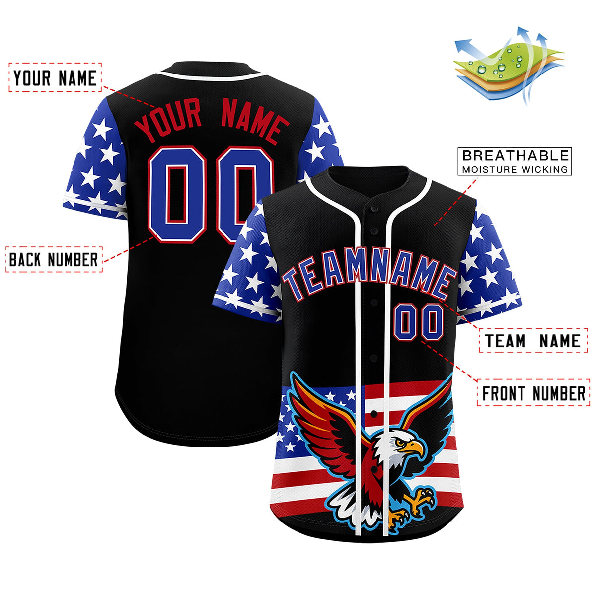 Custom Black Royal Blue White American Flag Graffiti Pattern Split Fashion Independence Day Stretch Fabric Baseball Jersey| KXKSHOP