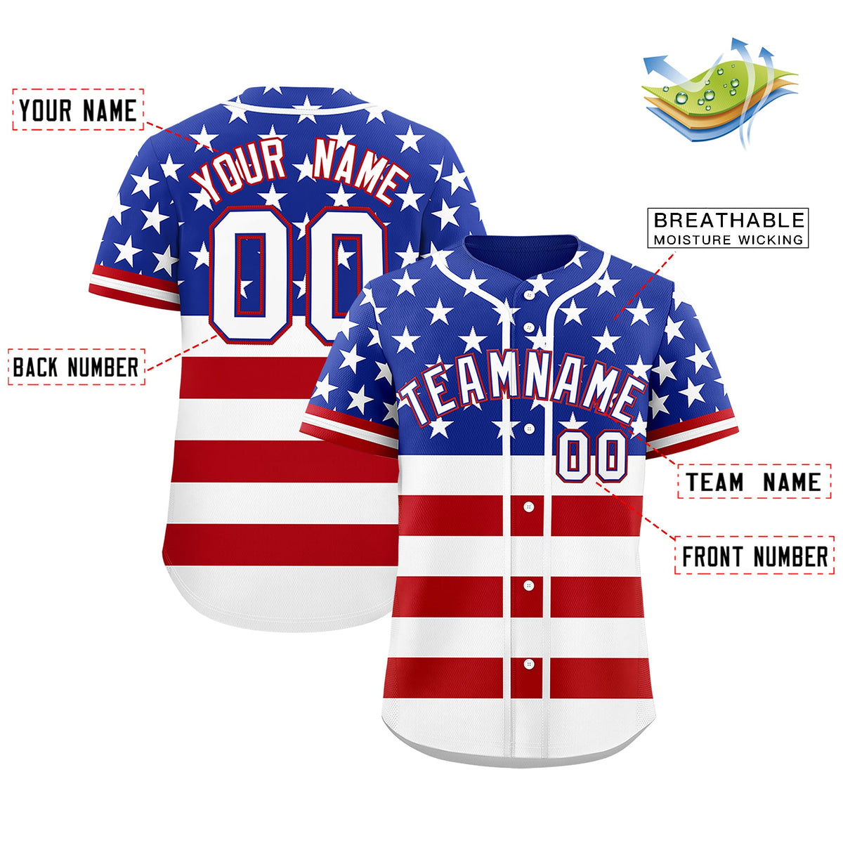 Custom Royal Blue Red White American Flag Graffiti Pattern Split Fashion Independence Day Quick Dry Baseball Jersey| KXKSHOP